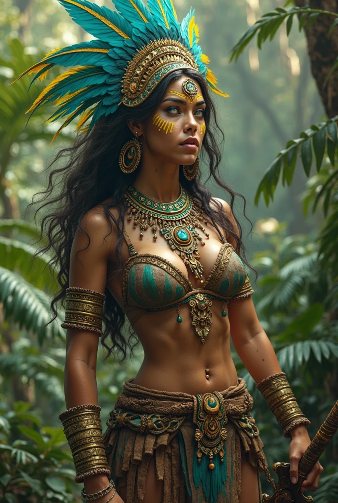 ((obra prima)), ((master part)), ((melhor qualidade)), ((oil-painting)), ((Portrait of a Brazilian indigenous warrior)), ((BRAZILIAN INDIGENOUS)), ((jovem bonita)), ((pele morena)), (cabelo preto)), ((cabelo longo)), ((roupas tradicionais indigenas)), ((BRAZILIAN INDIGENOUS)), ((Battle position)), ((Indigenous weapon)), ((She's wearing traditional indigenous clothing)), ((roupas tradicionais indigenas de plumagem e penas)), ((bare foots)), ((tatuagens tribal no corpo)), ((corpo inteiro)), ((Pose de batalha)), ((attack position)), ((8K resolution)), ((BRAZILIAN INDIGENOUS)), ((tatuagem tribal)), ((Indigenous makeup of the red urucu)), ((Fundo: Amazon Rainforest)).