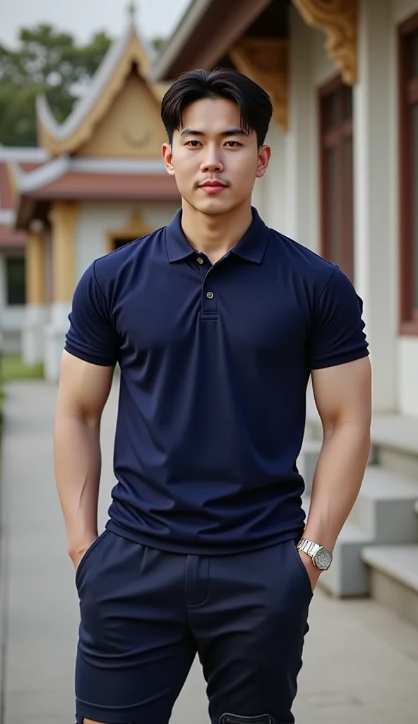 (Create a masterpiece: 1.2),(CGI art:1.3),(realistic:1.5),(After processing:1.3),(Sharp focus:1.3),10,1 man, smile, (Wear a navy polo shirt..), Navy cargo pants, Korean guy , korean men, (High gloss details), chest muscles, large arm muscles, blood vessel, Big muscles, Broad shoulders, looking at the audience, Balancing the eyes, forest, mountain, (Make eye contact)