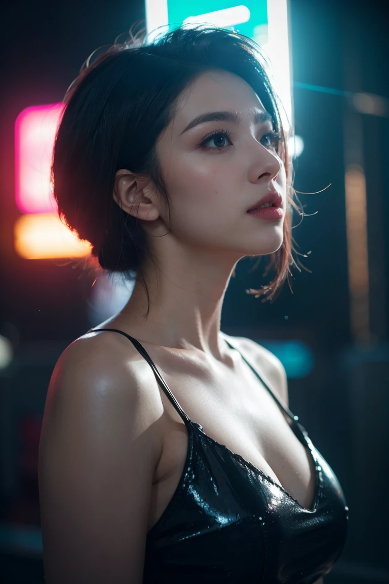 random pose, mix4, (8k, RAW photo, best quality, masterpiece: 1.45), (realistic, photorealistic: 1.37), one girl, cute, cityscape, night, rain, wet, professional lighting, photons mapping, radiosity, physically based rendering, gradient black hair, gray hair, short curly hair, handsome, girl, Deep V-neckline slip dress, pale skin, top quality photo, high res, 1080p, (clear face), (detailed face description), (detailed hand description), (masterpiece), (exquisite CG), extreme light and shadow, disheveled hair, master work, rich details, (fine facial features), (highest quality photo), (masterpiece), (detailed eyes), look in front of you eyes, fine clavicle, (huge breasts:1.47), white hair