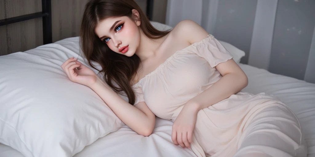 beautiful slim girl (: 1.3), (wearing a beautiful transparent, seethrough- white frail Sunflower dress,Full body 1.2), enormous breasts 1.2), in her bedroom. Realistic anatomy. Very long wavy red crimson hair , detailed attractive face, beautiful happy smile, lying down in her bed , arab Girl Beautiful, Baby symmetric Face, ,,enormous Breasts , in the red castle ) long red curly and wavy Hair tied in a daenerys hairstyle from game of thrones hairstyle. adorable masterpiece ((yellow honey colored-eyes, VERY DETAILED EYES)) , very thick hourglass figure body,, looking at viewer, ,(nighttime),wearing jewelry, earrings, ))innocent look, aroused, side view , perfect ass, CLOSE UP, NSFW