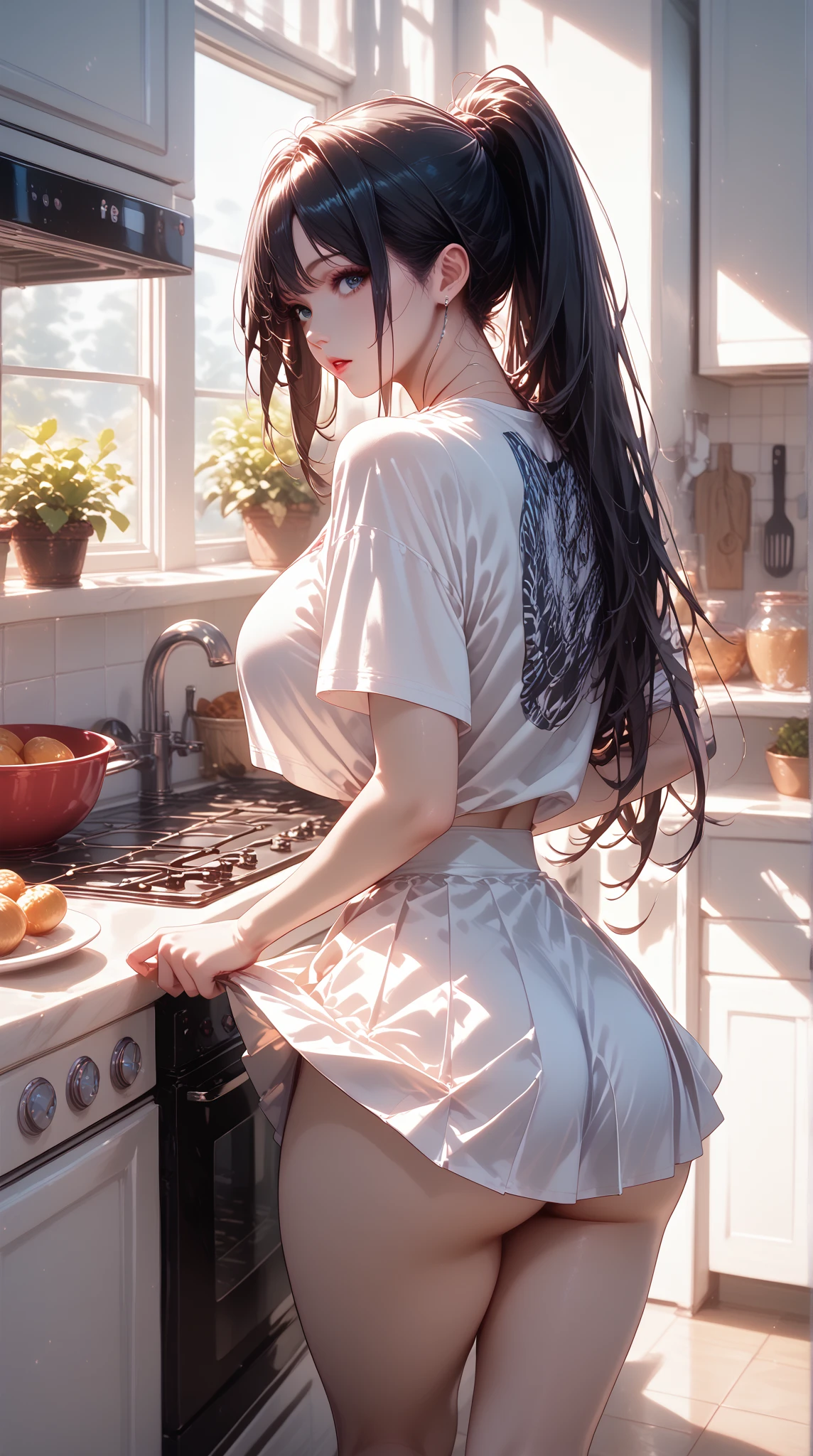 cosmetics, mascara, Lips that are soft or tinted, Room background, Minimalist, monotone, ، 's调色板, 干净's, Sharp project, fluid profile, underdressing, Pajama shirt , 不对称's, 几何's,, ، 's剪影, 性感's, Minimalist, 暗示性's, Fresh room printing, 害羞's表情, ، , 独自's, 1 girl, 丰满's, great basal festival, big breasts thin waist, 出汗's, NSFW, 's, , , 湿漉漉's小, 年轻's外表, 害羞's, tying hair, underdressing pequena molhada transparente, print shirt