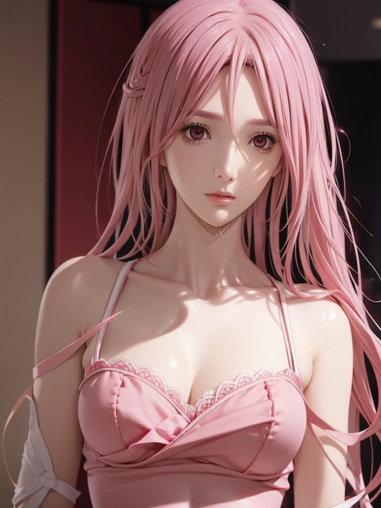 a photorealistic painting, fantasy art, seductive portrait, hyper realistic anime, photorealistic anime, beautiful alluring anime woman, photorealistic anime girl render, seductive anime girl, crimson bikini, HotPink hair, Raphtalia
