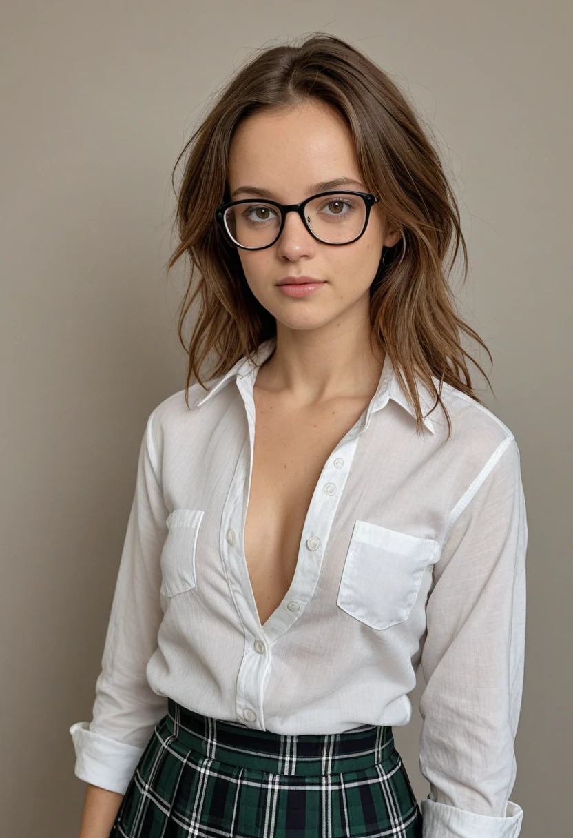 (Best quality, Highres, Ultra-detailed: 1.2), Raw-Photo, Masterpiece: 1.2, Velma from Scooby-Doo, 25 years old, 3/4 body, a reimagined version, ginger hair (red, fiery), short bob haircut, glasses (thick frame, vintage), smoking hot, sexy stockings, strapless underwear, a sultry twist to the classic character, confident pose, leaning against a brick wall, dimly lit alleyway, cinematic noir atmosphere, cold night, steam rising from the ground, dramatic shadows, urban grunge, velvet blazer, plain white t-