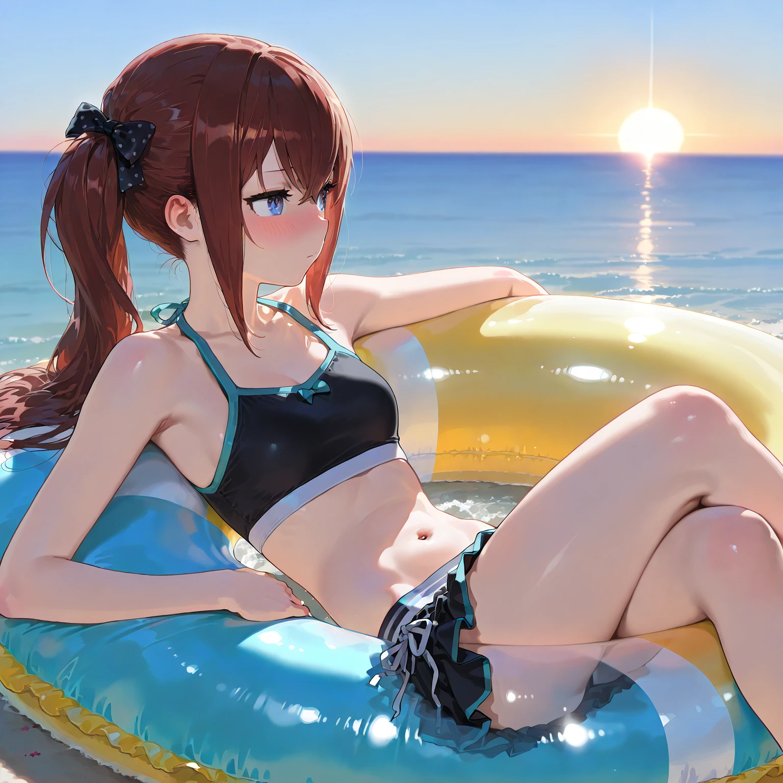 Sunset shimmer, yellow bikini, swimming submerged underwater, hair floating underwater, a water world beneath the surface, whale in the distance, High-density picture quality,Ultra HD 8K,best qulaity,masterpiece,Brilliant composition