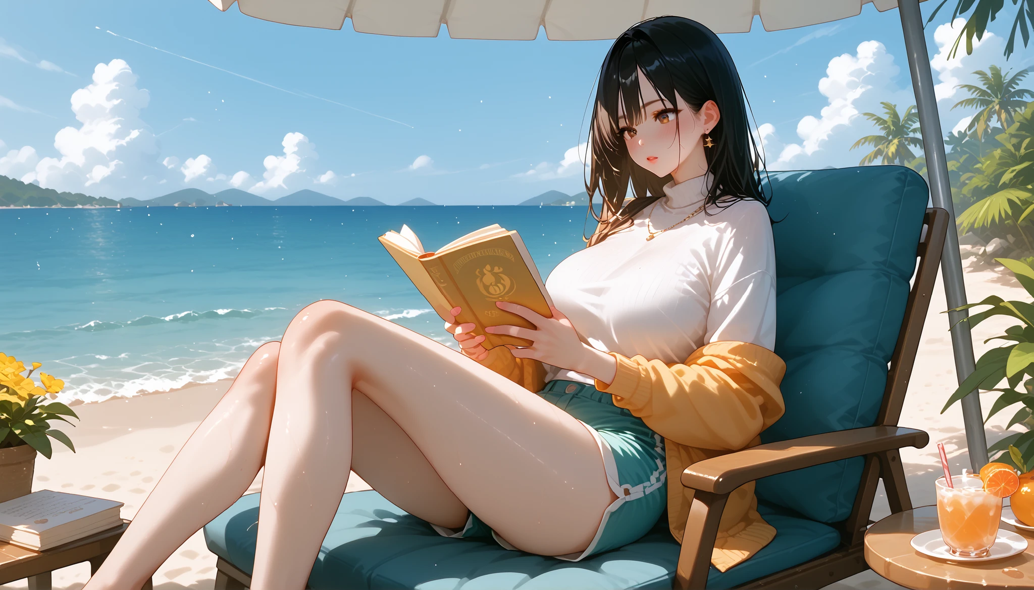 ((Biologically correct limb count))、(( Full-body photo including face))、4K、masterpiece、((Symmetrical facial features))、Eye for detailed depiction、Beautiful woman、Excellent style、Beautiful clavicle、Beautiful feet、Beautiful Hands、Slender body、(Small Ass、Thin thighs)、Facial detailing、Small earrings、necklace、Glancing sideways、Great background、Low Angle、Short skirt、Rooftop、Reading a book