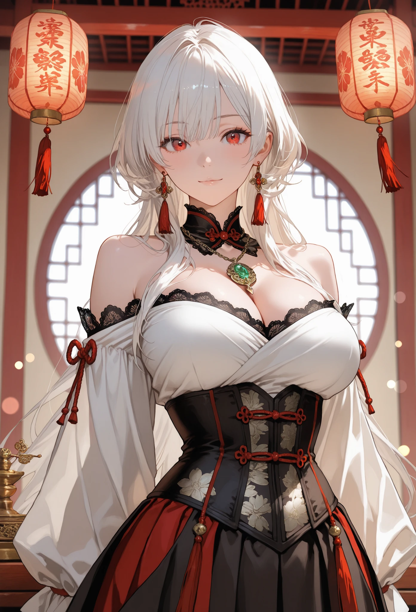 firm and big breasts, cleavage, A realistic photographic composition framed from just below the shoulder of a female subject standing in a lavish East Asian pavilion interior, ensuring her entire head is fully visible within the frame without any cropping at the top. The off-shoulder white silk top and sculpted crimson brocade corset harness press firmly against her firm, full breasts, lifting and compressing them into a broad, dramatic cleavage line that spans widely across her chest, framed by gold filigree fillets and underbust seams that create taut tension folds and catch specular highlights tracing the silky curves just below the shoulder. She wears a fitted off-shoulder white silk top featuring a high stand collar trimmed in red-piped silk and secured at the center by knotted frog closures, draping gently into soft pleats beneath the corset; the satin-sheen fabric displays subtle cloud and wave motif embroidery in tonal ivory thread. The corset is detailed with brushed brass buckles and contrasting black piping along each seam, cinching her waist and accentuating the fullness of her bust. Flowing white chiffon side panels form wing-like sleeves that catch ambient breezes, their edges trimmed in black silk lace with intricate floral patterns. Around her neck rests a delicate gold chain with a carved jade amulet pendant, and matching jade drop earrings dangle just above her shoulders, the polished surfaces capturing glints of light. Delicate golden incense ash motes and drifting silk ribbons swirl in the air, creating painterly bokeh orbs. Behind her, the background reveals polished hardwood lattice screens, red and ivory paper lanterns suspended from curved dark wooden beams, and silk drapery panels embroidered with phoenix and floral motifs, all softly blurred by a shallow depth of field created by an 85 mm equivalent prime lens at f/2.2 on a full-frame sensor, producing smooth circular bokeh highlights. A lacquered altar table with brass incense burners, por