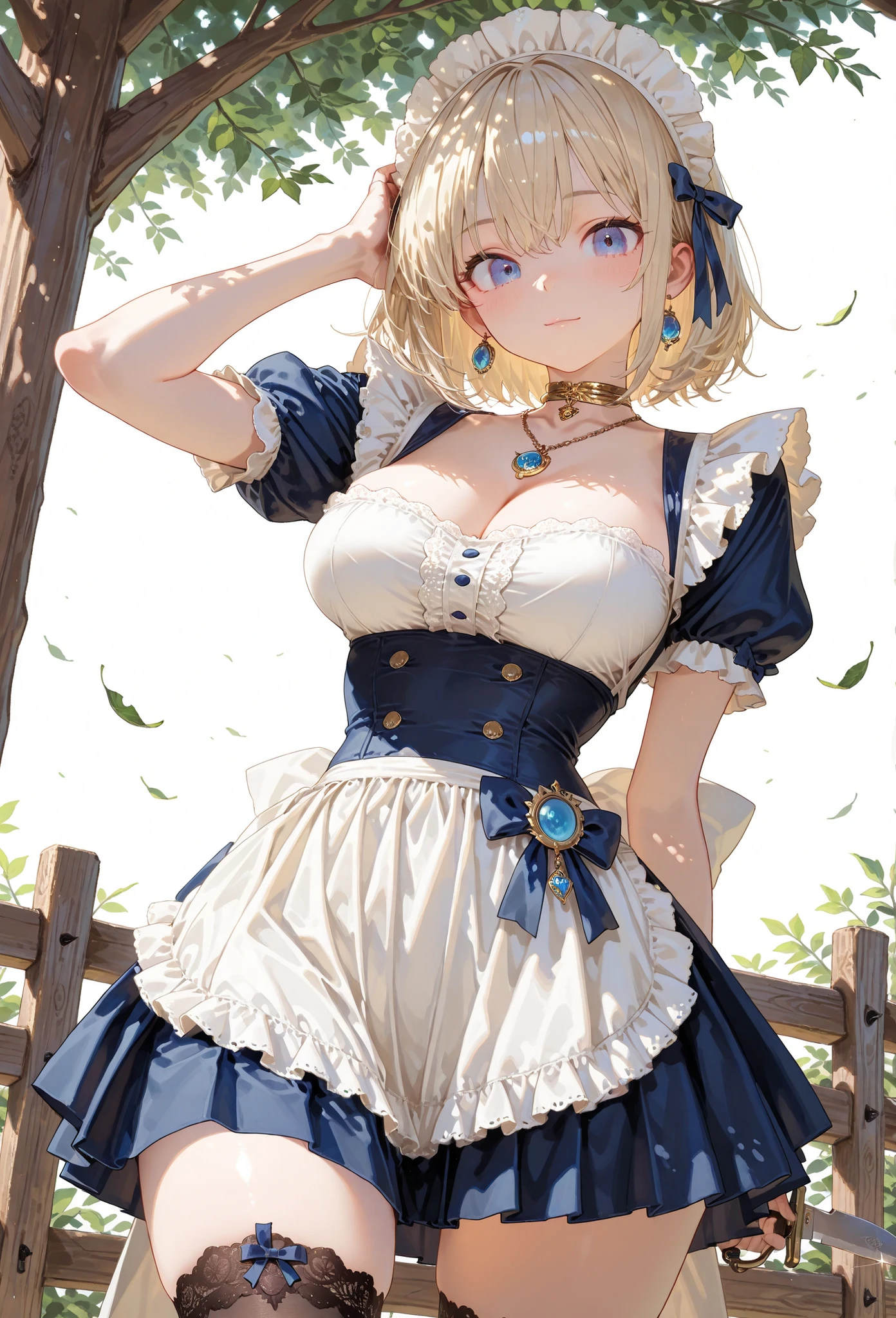 firm and big breasts, cleavage, gold hair, A realistic photographic composition framed from just below the shoulder of a female subject standing outdoors before a rustic wooden fence and lush green hedge, ensuring her entire head is fully visible within the frame without cropping at the top. She wears a vintage-inspired cottagecore maid ensemble: a soft navy-blue chiffon blouse with a rounded Peter Pan collar edged in scalloped eyelash lace, the snug bodice lifting and compressing her firm, full breasts into a wide, dramatic cleavage line framed by underbust seam shaping and princess seams, taut tension folds radiating outward and specular highlights tracing the rounded contours just below the shoulder straps. The blouse features short flutter sleeves with matching lace trim, each softly billowing and revealing subtle chiffon translucency and fine topstitch detailing. Around her waist is tied a crisp white cotton apron with a wide waistband and bow at the back, the bib portion stretching across her bust to reinforce the emphasized cleavage, secured by narrow shoulder straps, and the lower skirt of the apron extending beneath the frame’s edge. She wears a simple antique brass locket necklace resting at the base of her throat, the pendant sitting just above the cleavage line and the chain’s patina and fine links rendered crisply. Beneath, a high-waisted pale linen skirt with knife pleats flares outward from her narrow waist, each pressed pleat catching soft natural light and showing linen fiber texture; the hem falls just below mid-thigh to reveal the top of lace-trimmed stockings. Behind her, the background reveals weathered horizontal oak planks with visible knots and grain patterns, and a dense boxwood hedge with sun-dappled leaves. Midday sunlight filters through overhead tree canopy, casting soft leaf-shaped shadows on fence and ground. The scene is captured at eye level using an 85 mm equivalent prime lens at f/2.2 on a full-frame sensor, producing a shallow