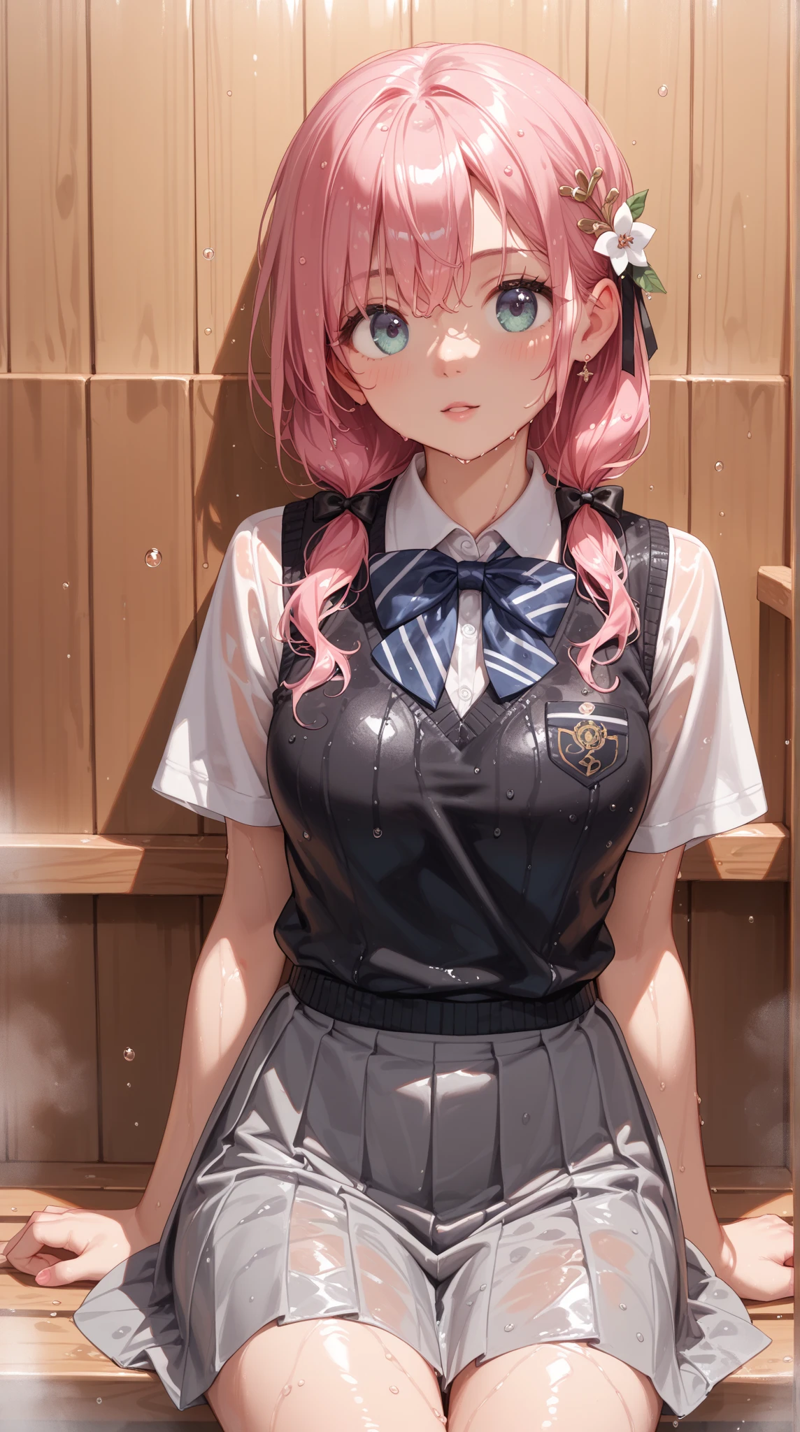Masterpiece,highest quality,Very detailed,8k CG,
Photograph the upper body,1 Female,(Arms behind back:1.2),Are standing,Body facing forward,View your viewers,(school uniform,red bloomers),
blush,shy,(trembling:1.2),Pink Hair,Open your mouth,Large Breasts,Ground,