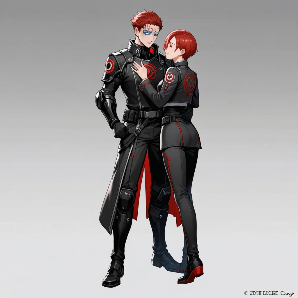 (Best quality), masterpiece, extremely detailed, 2k wallpaper, amazing, finely detail, extremely detailed, 8k wallpaper, huge file size, ultra detailed, a high resolution, realistic face, realistic body, big bulge, man, 30 years, very short haircut, shaved temples, Red hair, Blue eyes, thick stubble, Dressed in a black latex suit, A full body suit, He is wearing a jacket over a latex suit