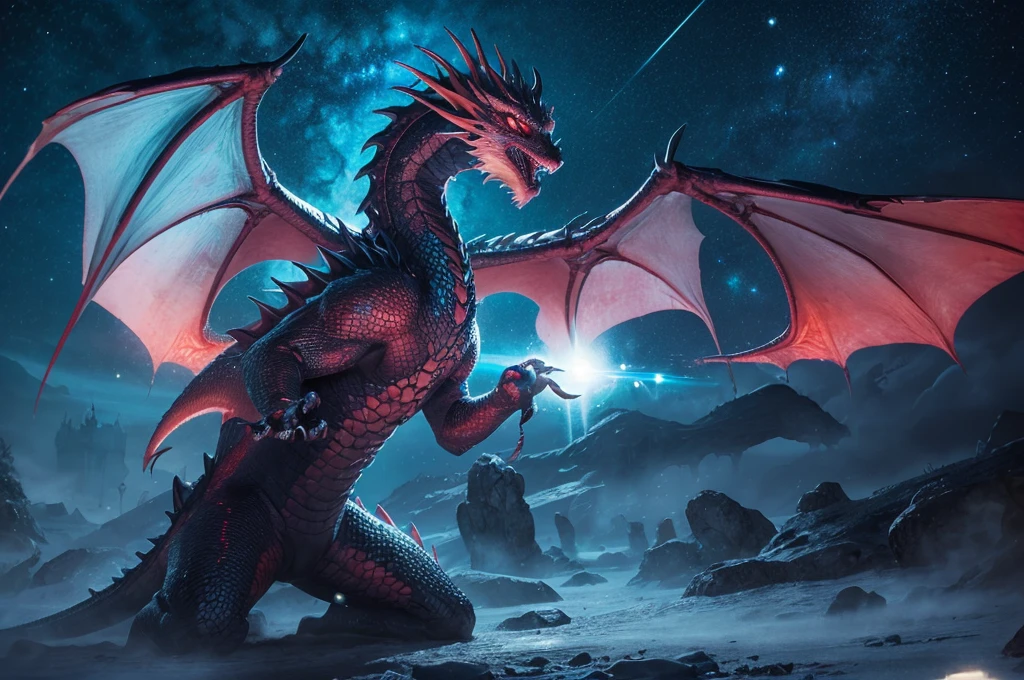 Galaxy eyes black dragon, giant wings, your flames are galaxies, has three heads, only fury is uncontrollable