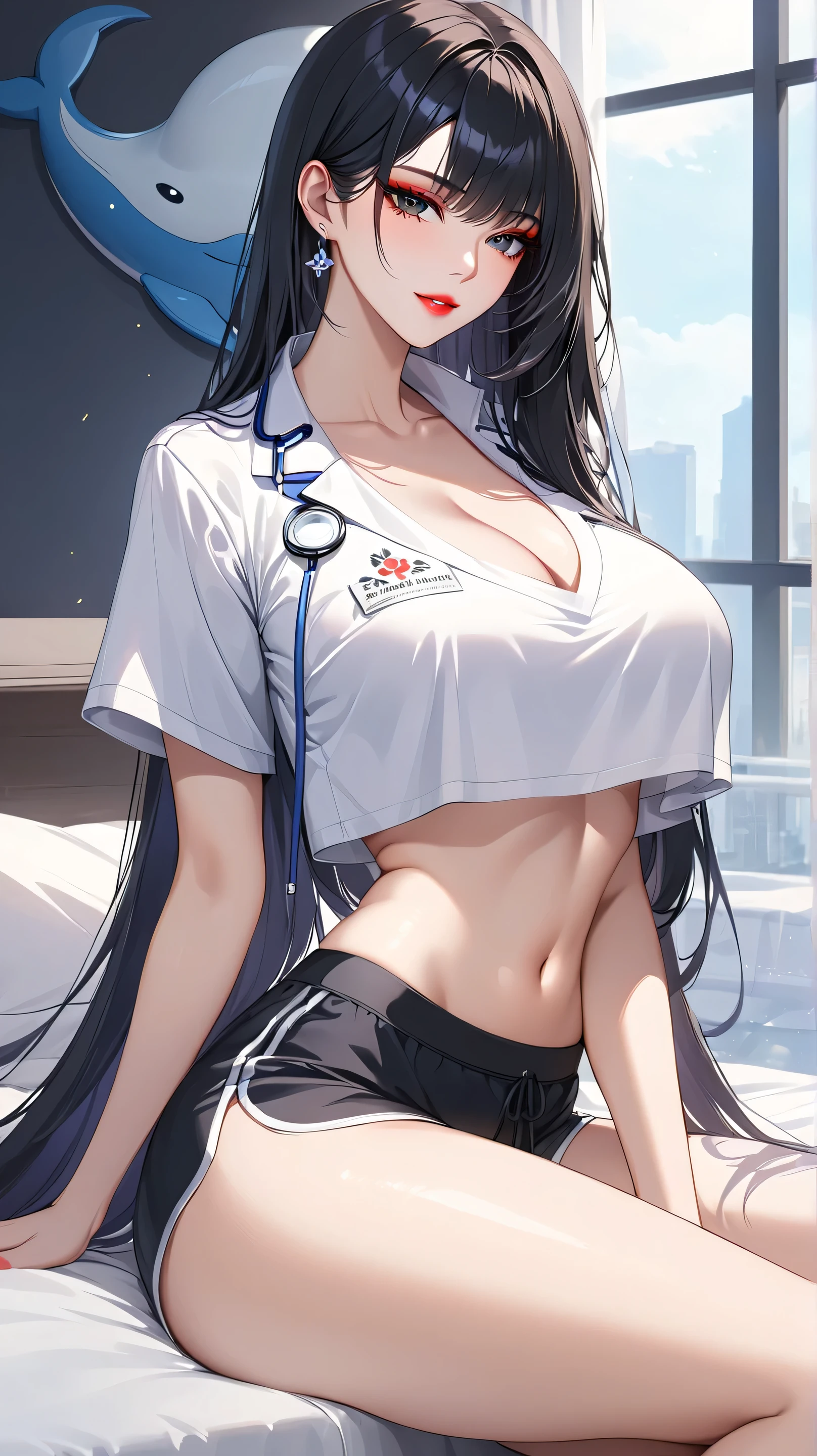 woman, sexy woman, female, mommy, black hair, red eyes, detailed eyes, detailed lips, big breasts, midriff peek, doctoruniform, sit with crossed legs, bedroom, evil smile, seductive lips, looking back crop top overhang, adjusting hair, pony tail, skirt