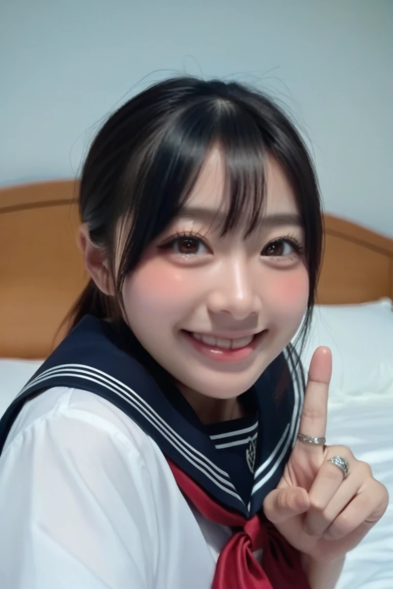 A cheerful high school girl takes a selfie while pooping。From the perspective of a smartphone camera