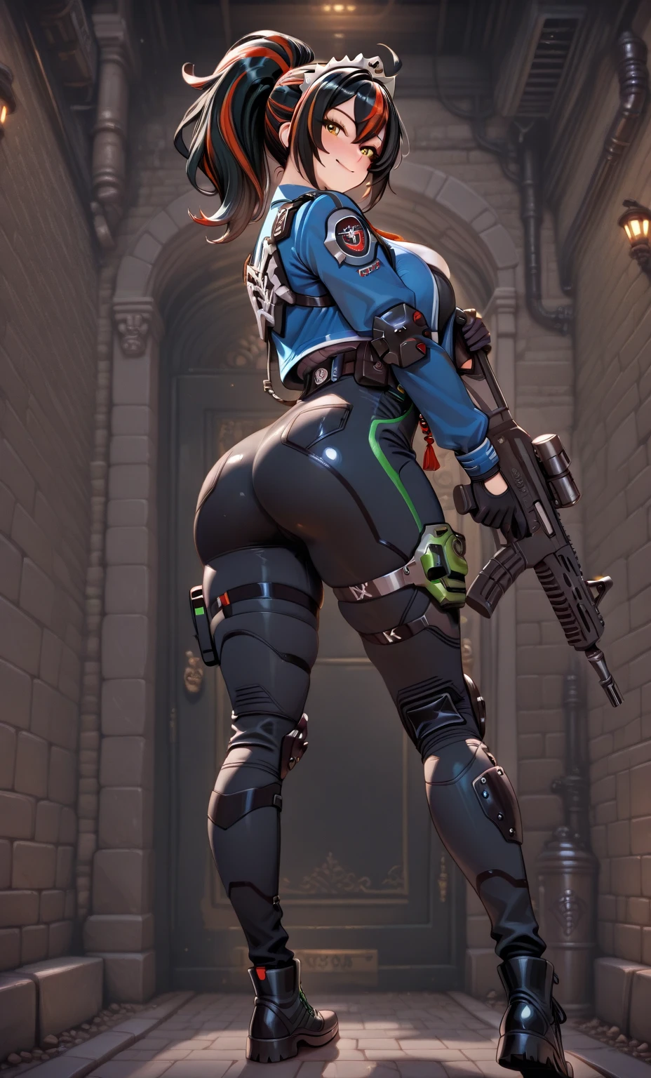 anime girl with a big ass in a golfen leather outfit, cutesexyrobutts, oppai cyberpunk, thicc, 2b, 2 b, oppai, anya from spy x family, biomechanical oppai, makoto, commission for high res, oc commission, tifa lockhart, oppai proportions, tifa, tracer in a skintight dress, fortnite cards background style ,black hair with red vanes