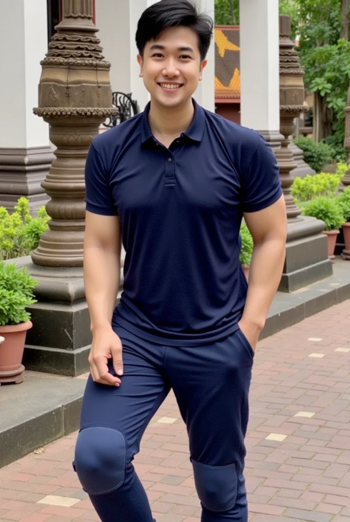 (armface:1.3) , Handsome young man, (have a mustache:0.9) ,( (short hair:1.2), (Wear a short-sleeved t-shirt.), (Navy blue shirt with superman pattern: 0.9), Big muscles, Handsome and muscular, full body angle, , (Rice field in the evening:1.1), natural light 