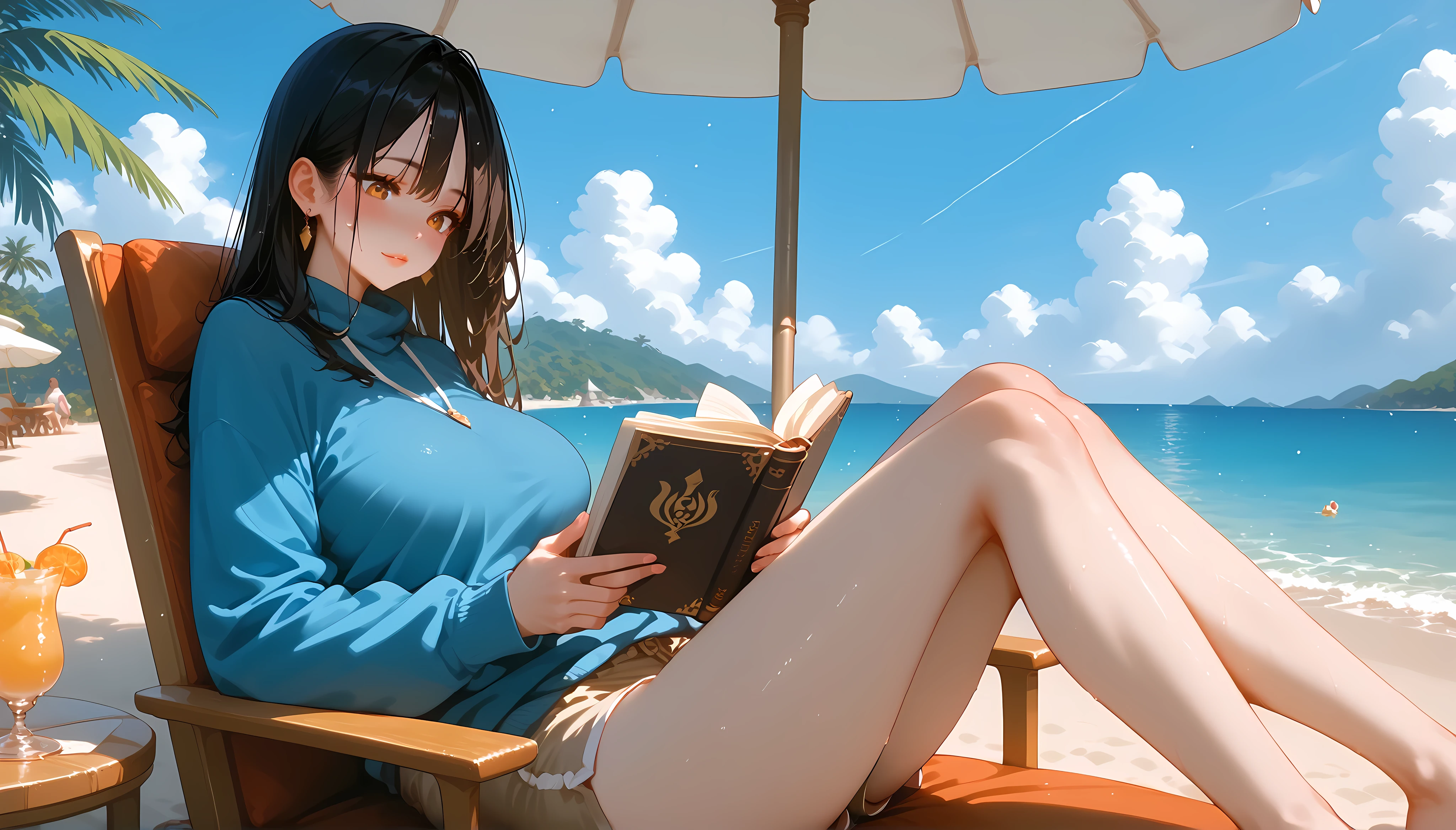 a woman sitting on top of an old trunk on a beach next to the ocean reading a book and papers