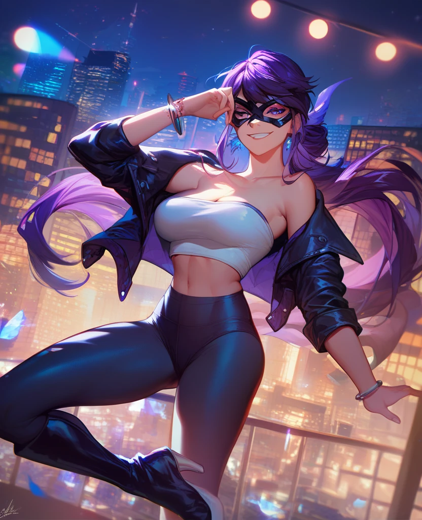 score_9, score_8_up, score_7_up,masterpiece, high quality, 1girl,solo, detailed eyes. two-tone hair, heterochromia,  purple latex crop top under cropped jacket,black latex pants, thong, outdoors, fingerless gloves,   short hair with long locks, city, hair intakes, collar, standing, looking at viewer, blurry, eyelashes, medium breasts, <lora:SadeXL_v1.1:1>