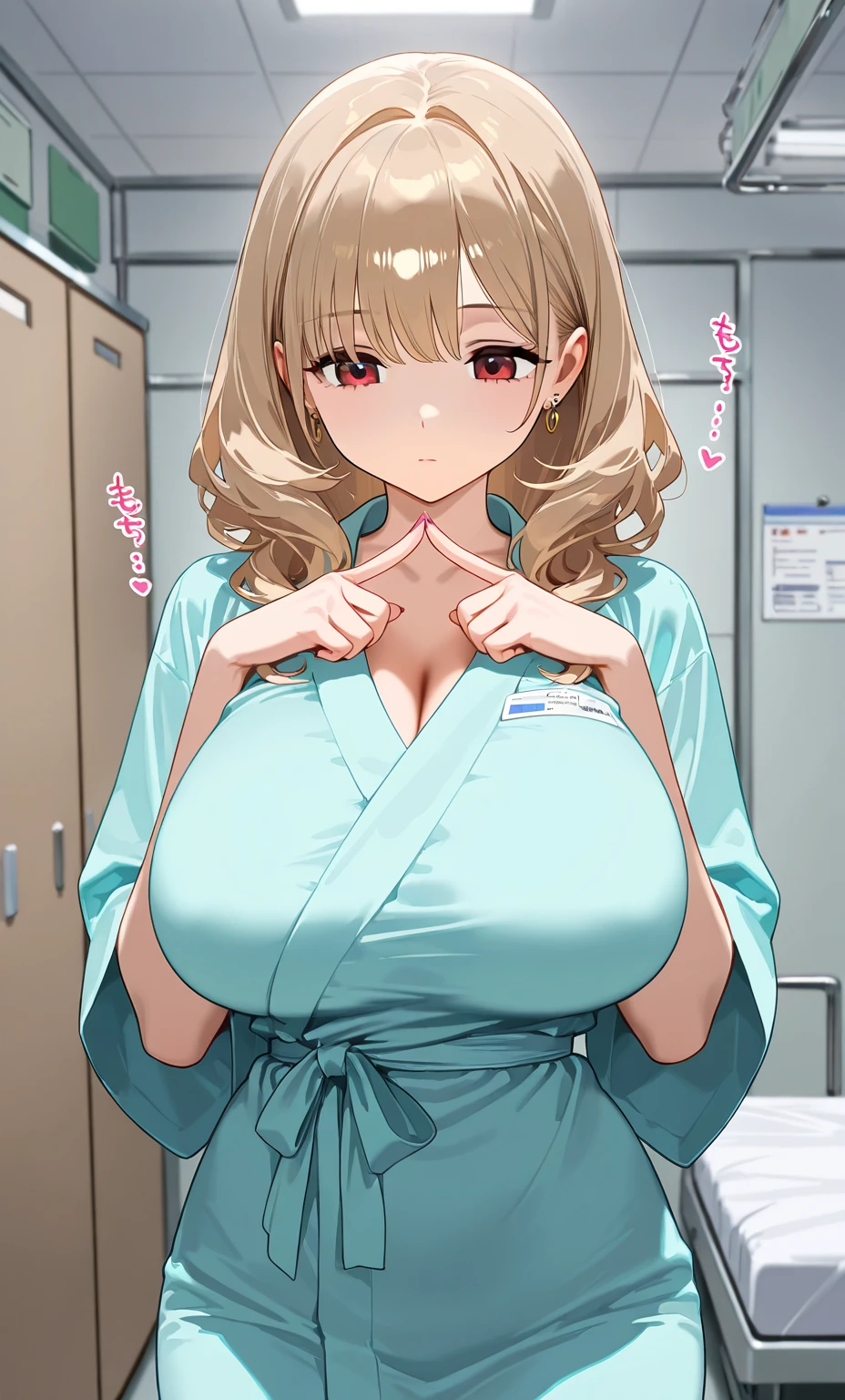 (highest quality:1.5, High resolution, 超High resolution, 4K, Detailed lighting, Shaders, perfect hand anatomy), Blonde Straight Hair, Big Breasts, Nurse uniform, Cleavage, Thighs, smile, throw, Close-up shot, Are standing, Hospital Background