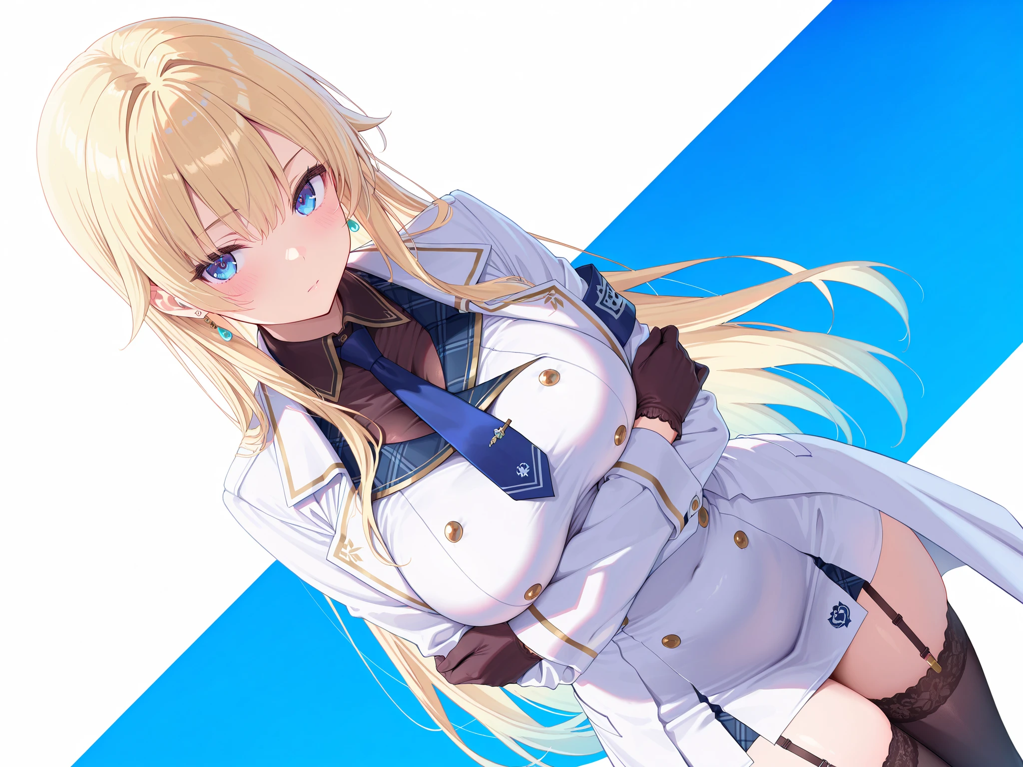 masterpiece,best quality, amazing quality, highres, absurdres, very aesthetic, high resolution, ultra detailed, perfect details,EmaMilitary, long hair, earrings, short dress, necktie, gloves, white coat, garter straps, thighhighs,,anime keyvisual,medium breasts、look at viewer、breast hold、crossed arms、curvy