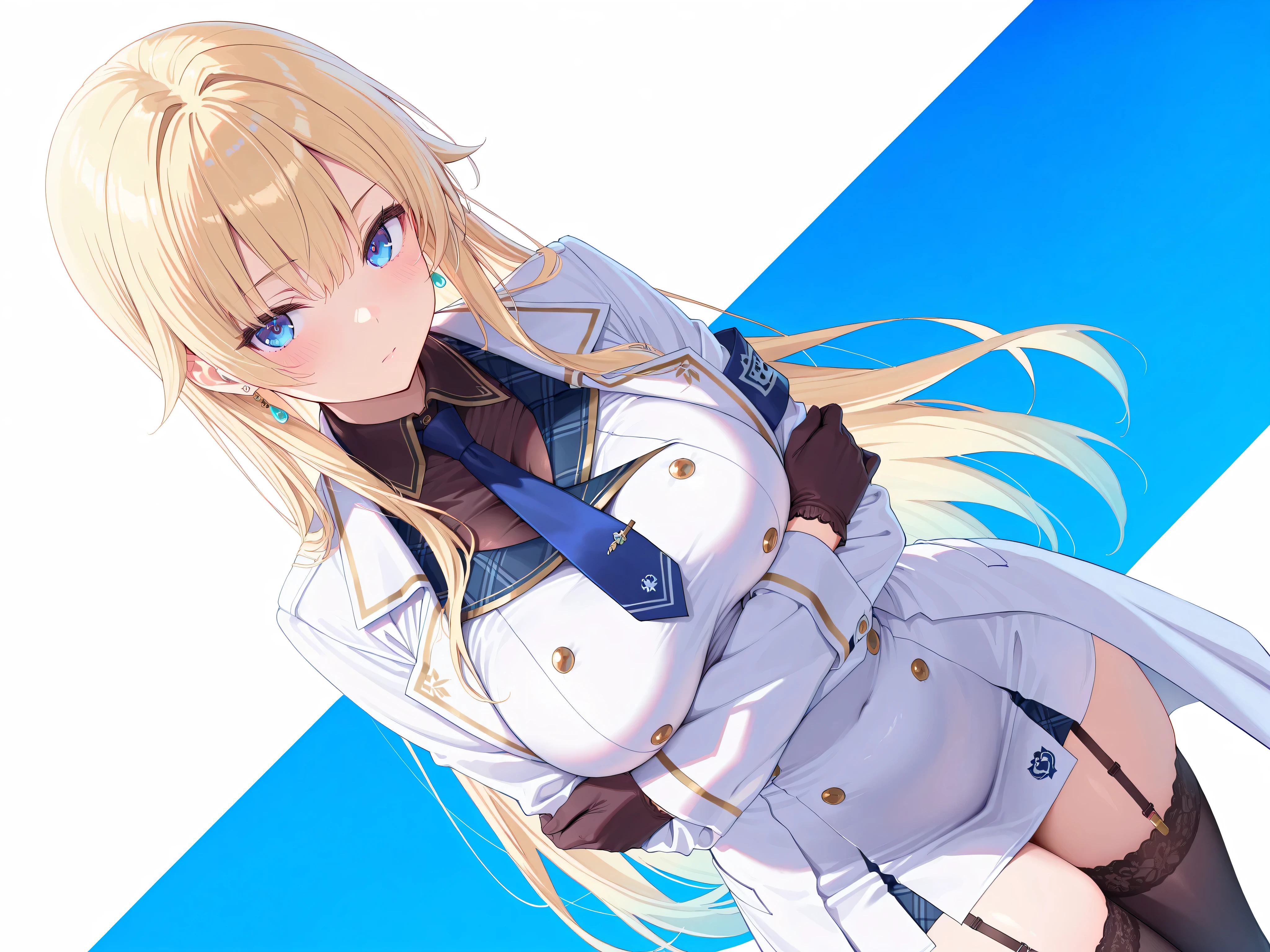 masterpiece,best quality, amazing quality, highres, absurdres, very aesthetic, high resolution, ultra detailed, perfect details,EmaMilitary, long hair, earrings, short dress, necktie, gloves, white coat, garter straps, thighhighs,,anime keyvisual,medium breasts、look at viewer、breast hold、crossed arms、curvy