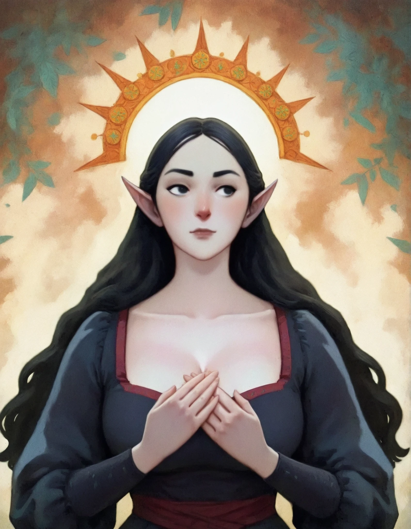 dkri style, 1girl, gorgeous elf, high cheekbones, mature girl, looking away:1.5, vibrant pale skin, perfect hands, black eyes, medieval black dress, fantasy aesthetic, painterly illustration, gouache painting, soft illustration, 2d art, abstract background, masterpiece, best quality, flat illustration, extreme quality, IllustriousQual, masterpiece, best quality, realistic, lora:AnatoFinnstarkIXL_v2:1.0