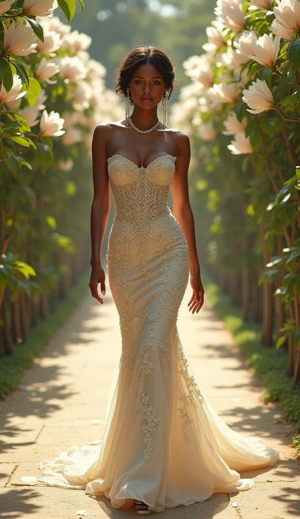 The Woman’s measurement is
Hips :41
Bust: 36
Waist: 29
Height: 5’3
She is black, dark skin, 5’3, short but with curves. Her hair is in a coily Afro and she has a flower crown made of baby’s breath.
She is wearing an ivory silk wedding dress in a column style. No train.
The bodice of the dress is covered in a light beaded mesh fabric.
The mesh fabric goes around her neck in an halter neck.
She is wearing gloves that reach up to her elbow in the same beaded mesh fabric.