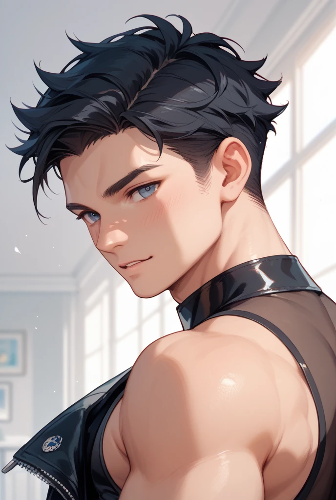 (work of art) best qualityer, high qualiy, photorrealistic, hyper detailled, extremely detaild, details Intricate, digital art stunning, hyperrealisti, cinematic lighting, dramatic lighting, chiaroscuro lighting, muscular male, wearing no shirt, wearing only t-shirt, abdomen, KPOP Idol, wonho, perfect  skin, piercing eyes, SHARP JAW, mesmerizing gaze, striking pose, dynamic composition, swirly vibrant colors, cinematic atmosphere, Medium length and black hair, eyes with central heterochromia
