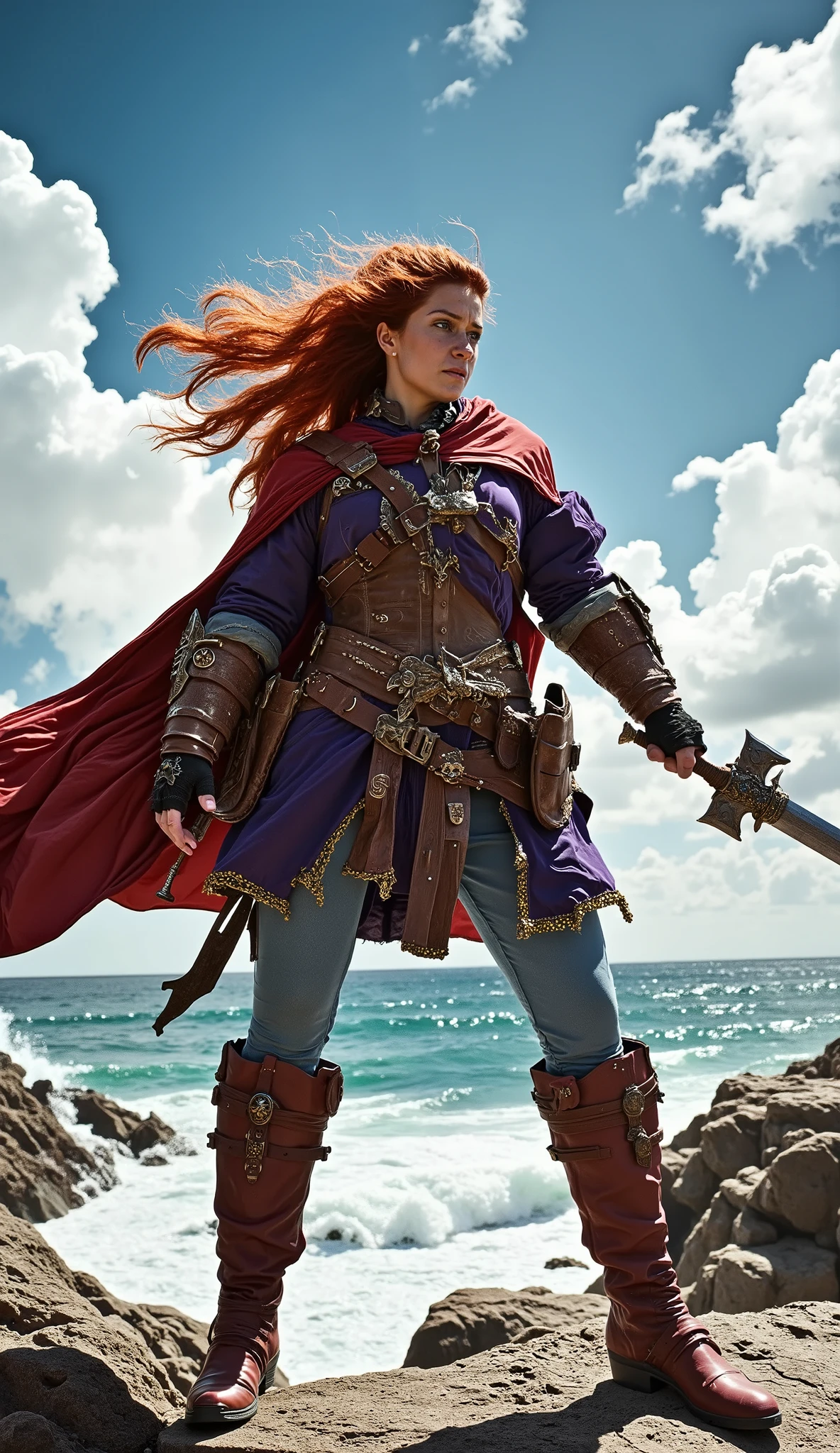A heroic female warrior stands on rugged seaside rocks, facing an unseen enemy. She has vibrant long red hair flowing freely in the wind, fair skin, and blue eyes filled with fierce determination. She wears a vivid purple tunic with a red cape trimmed in gold, a brown leather belt with pouches, and tight light blue trousers. Her outfit is complemented by tall red leather boots with buckles. In her right hand, she wields a shining steel longsword; in her left hand, she holds a small round wooden shield. The setting is a rocky coastal landscape under a bright blue sky with scattered fluffy clouds. Waves crash against the rocks in the background. The lighting is natural and slightly dramatic, emphasizing the warrior's intense expression and dynamic pose. The style is highly realistic, photo-quality, with fine details in textures like leather, fabric, and metal. Cinematic angle, slightly low to make the warrior appear powerful.