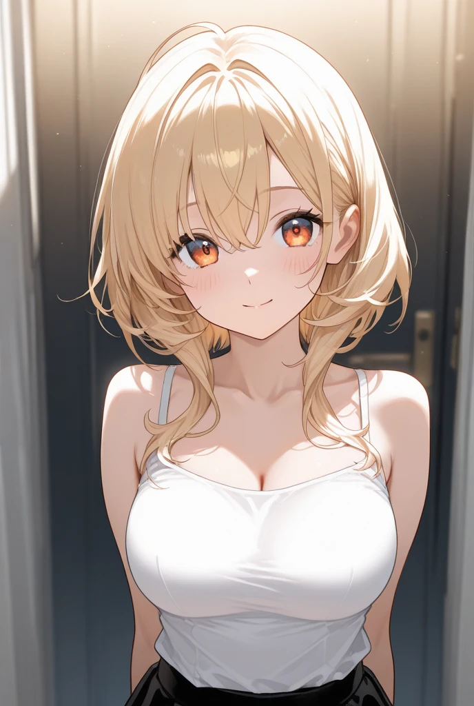 masterpiece, best quality, movie still, 1girl solo, female focus, looking at viewer, smiling, upper body, depth of field, (watercolor illustration, soft pastel colors:1.1), realistic, yellow hair, white eyes, naked, perky  breasts