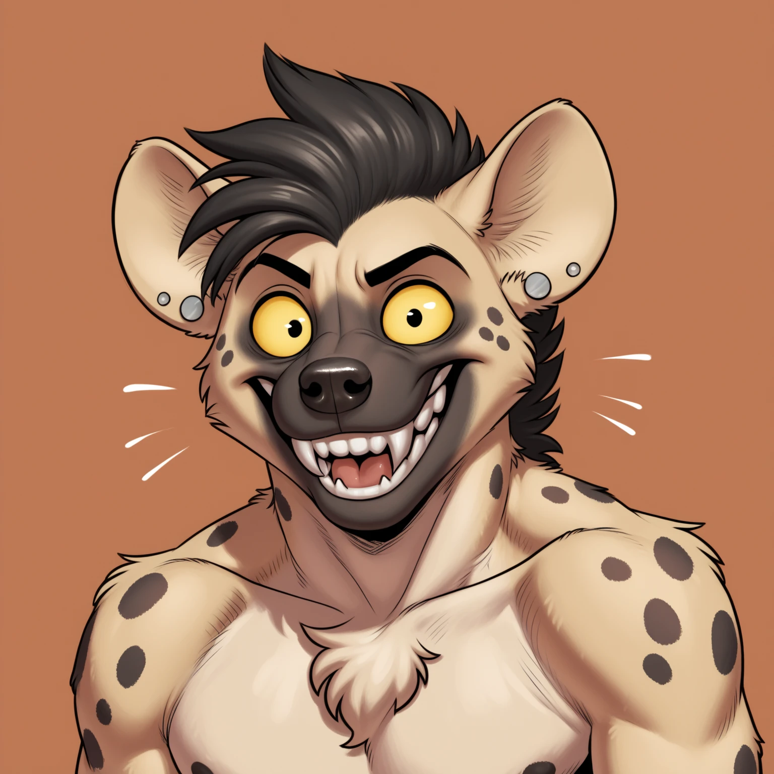 Solo, score_9,score_8_up,score_7_up, flat colors, source_furry, a young female spotted hyena, brown snout, black nose, brown eyes, short spiked undercut platinum blonde hair, black lips, brown hyena tail, brown hyena ears, naked, small breasts, feminine hourglass figure, grinning, sharp canine teeth, portrait, naked, side view, grinning, clenched teeth, close up, smiling, mouth open