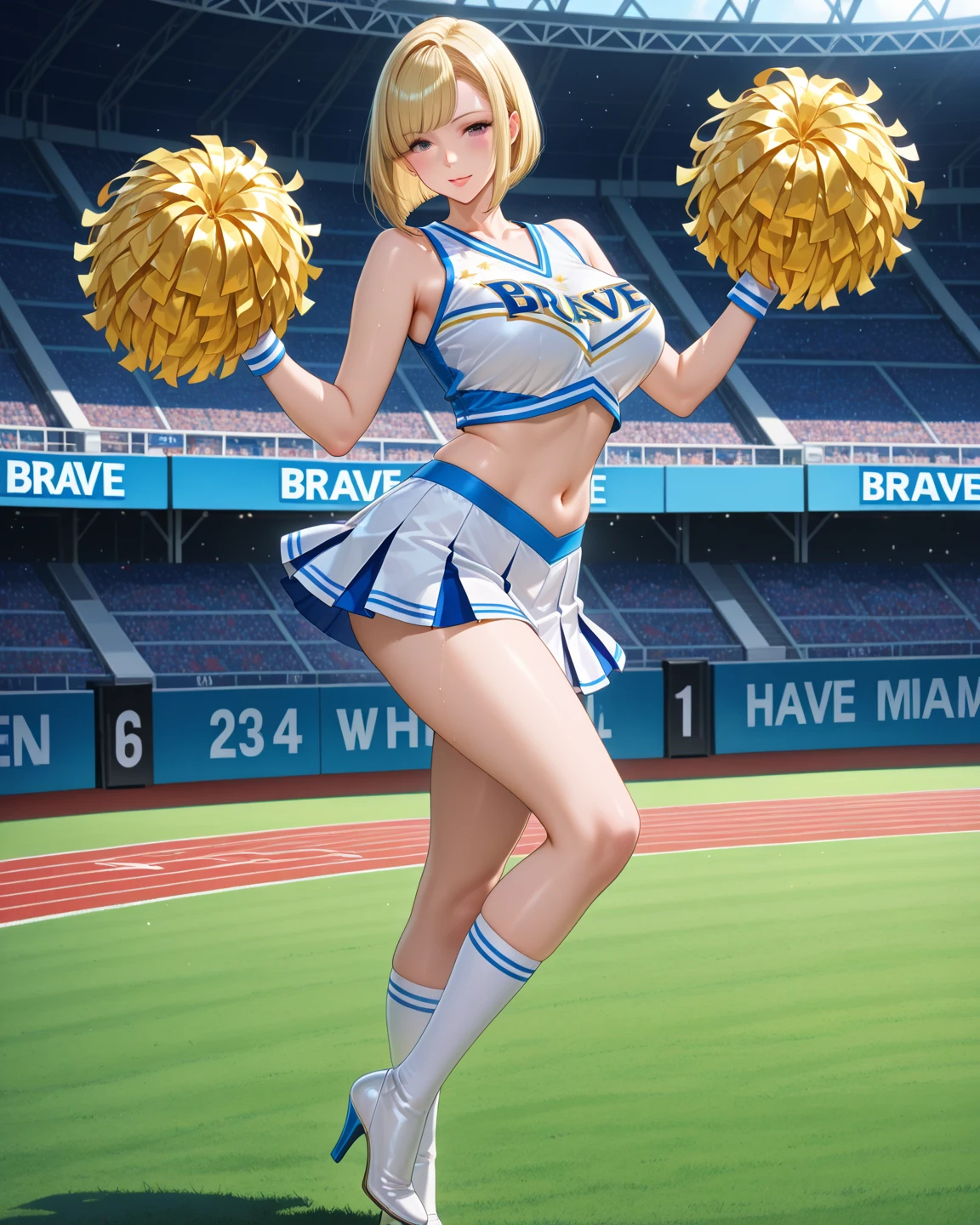 1girl, natural lighting, masterpiece, highly detailed, illustration, game CG, absurdres, high quality, beautiful detailed eyes, ponytail, bangs, glossy lips, collarbone, cheerleader, midriff, school field, thigh highs, michievous grin, large breasts