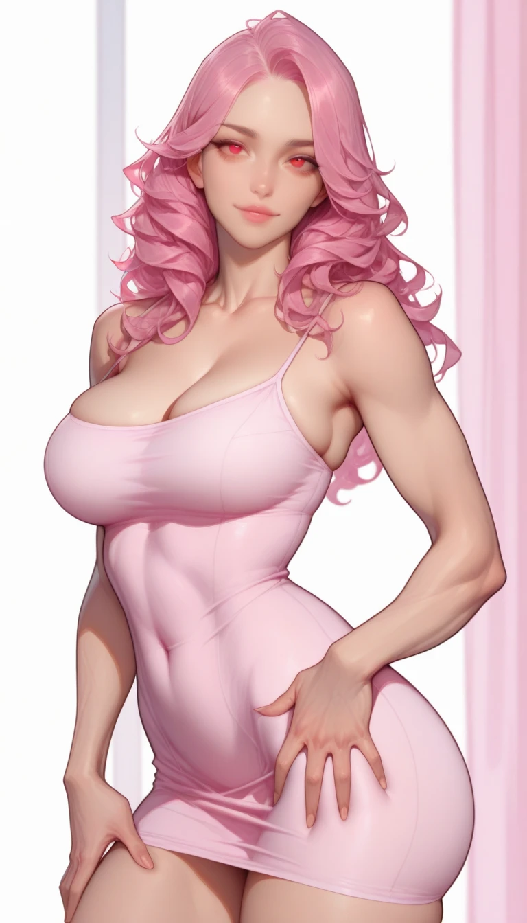 sehele style, anime style, (((tiefling))) warlock with (((rose pink skin:1.0))) and (((smoldering eyes))). Her (((horns curve elegantly backwards))), 8k, 4k, Unreal Engine 5, octane render, trending on pixiv, fanbox, skeb, (((translucent white lingerie))), masterpiece, ((slendered abs )),(huge breasts:1.4), (full bodied), wide hips, (full lips:1.5), smooth soft skin, big dreamy eyes, beautiful intricate colored hair, anime wide eyes, soft lighting, concept art, digital painting,
