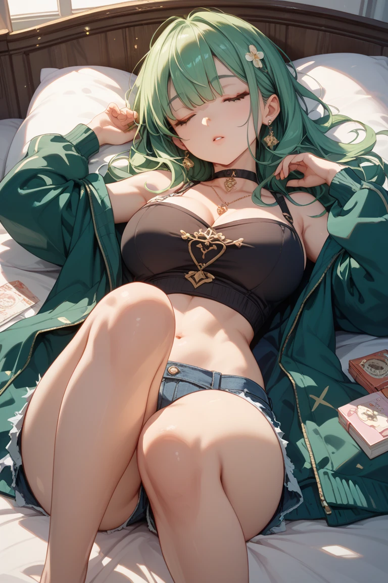 women, hair over one eye, brown hair, green eyes, Tomboy, darker skin, lying on stomach, bed, books lying around, black hoodie, sweatpants, large breasting at viewer