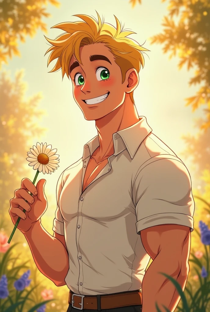 A young man, naughty man, offwhite, Parisian, grayish green eyes, hair blonde, light medium tone, medium short cut, wearing dark jeans, segurando lirios offwhites, wearing no shirt , in a bright room, with an open window showing the eiffel tower, in Disney prince 2d drawing style, hentai