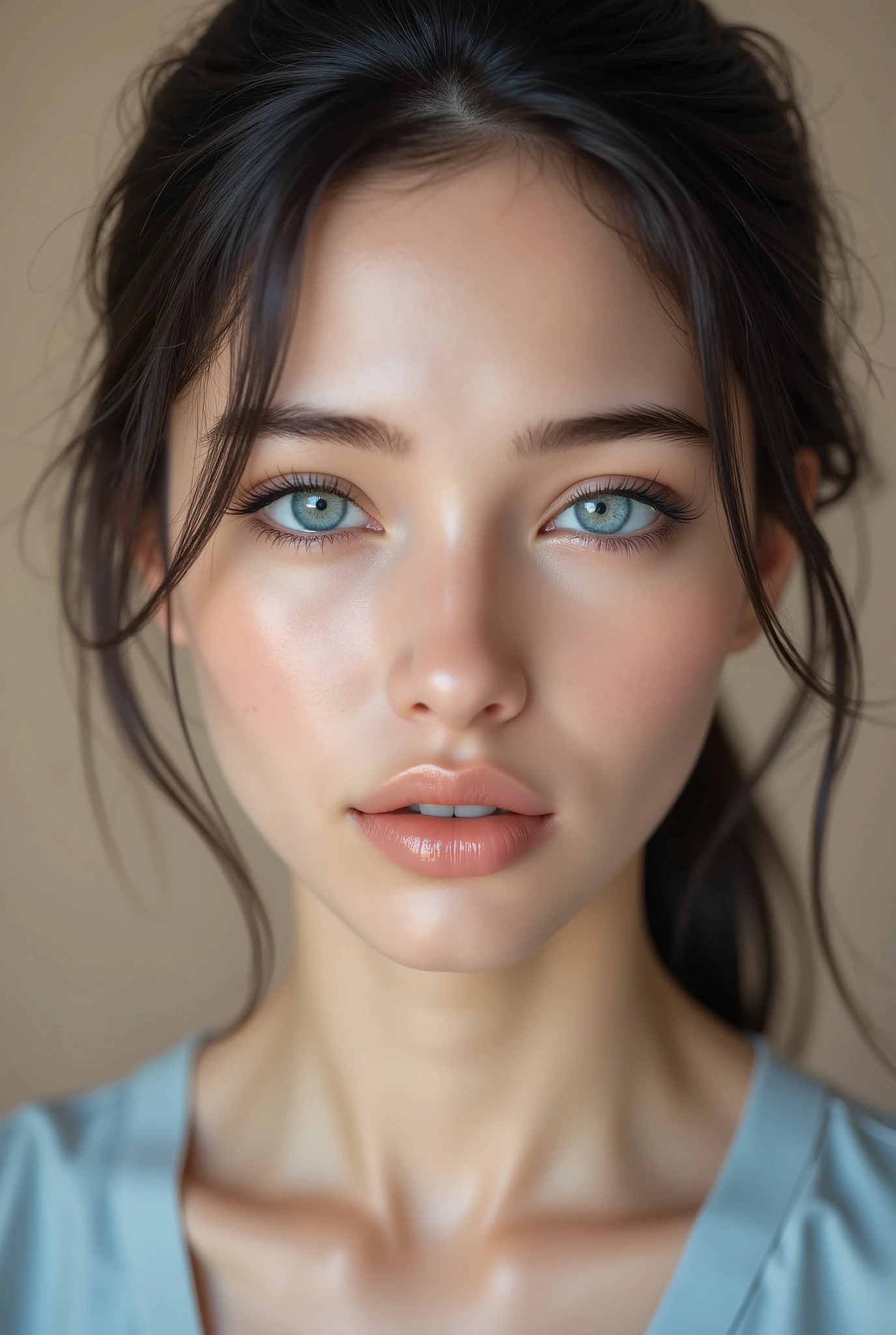 hyperrealistic portrait of young east asian woman, striking blue eyes, porcelain skin, glossy lips, delicate facial features, wispy hair strands across face, soft natural makeup, dewy complexion, perfect skin texture, neutral beige background, high-end beauty photography, extreme detail, 8k resolution, soft studio lighting, shallow depth of field, professional color grading, fashion magazine quality, subtle highlights, natural shadows, flawless skin retouching, clean minimalist aesthetic, digital art, light blue outfit, elegant pose, photorealistic rendering, professional beauty shot, ultra-detailed facial features, modern beauty standards, editorial photography style, gentle expression, commercial quality, professional makeup artistry, cinematic lighting, smooth skin texture, clear complexion, fashion photography, hasselblad quality