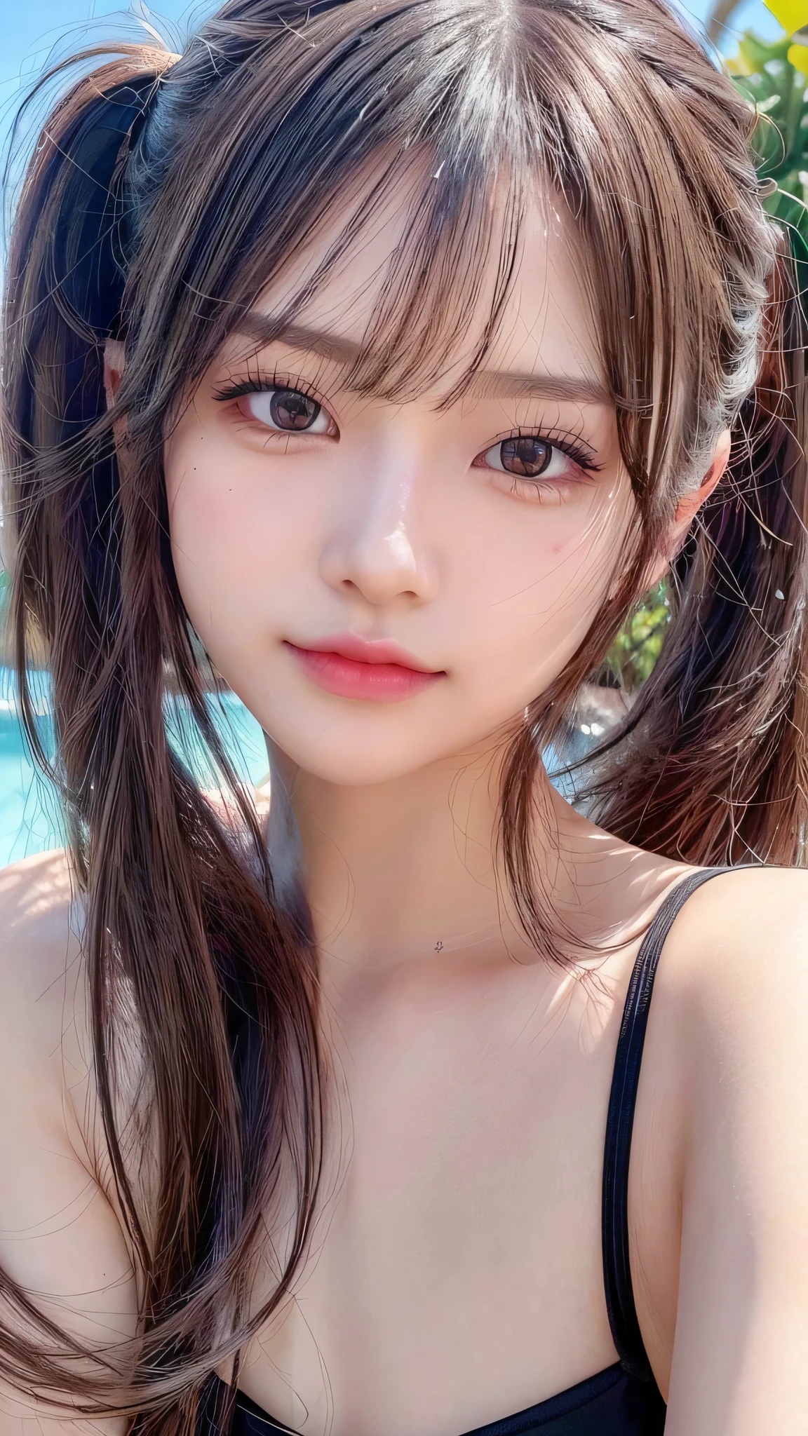 Beach,resort,Sexy White Bikini,Blushing,Facing forward,Small breasts,14 years old,Long hair ponytail,((8K, Raw photo, Best Quality, Mastepiece:1.2), (Realism, Photorealistic:1.4), (Highly detailed 8K wallpapers), Depth of written boundary, Cinematic Lighting, Soft Light, Detailed Beauty Eye,Shiny and smooth light brown ponytail, Asymmetrical bangs, Shiny skin, Ultra-detailed skins ,It is high resolution., High detail, Detailed hairstyle, Detailed facial beauty, Hyper-realistic, Perfect limbs, Perfect Anatomy ,1 Japanese girl,Famous Japanese Idols, Perfect female body,A shy smile,Short eyelashes,Double-edged eyelids,Look straight here,Hair style: ponytail,