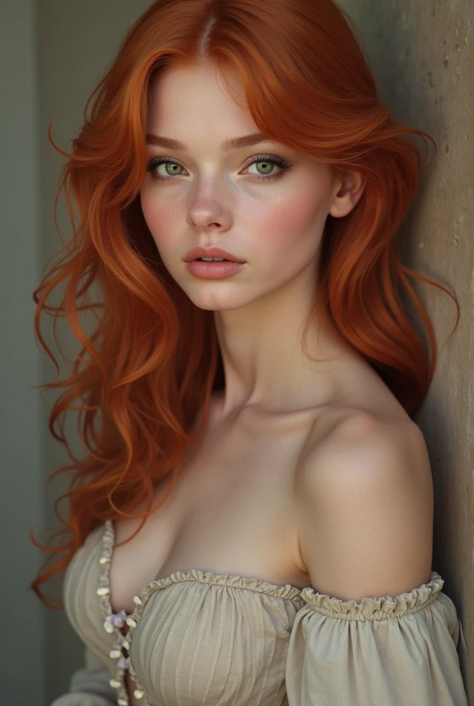 young Ginger Lynn, best quality,medium,portrait,ginger long and curled hair, beautiful detailed amber eyes,beautiful detailed lips,extremely detailed eyes and face,long eyelashes,natural sunlight,soft shadows,vivid colors,