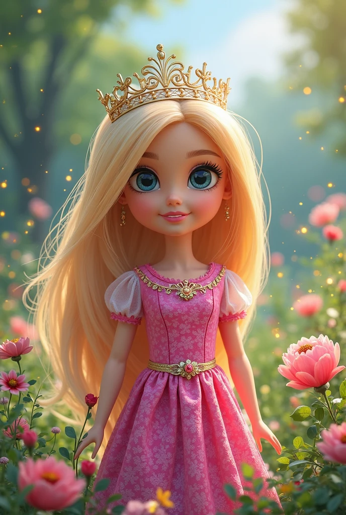 work of art, best qualityer, super rendering, super realistico, Highly detailed face, Clean and delicate face, all-body, 1 meter tall child, 8 years old, pink princess dress, blondie hair, in a forest with a huge castle in the distance
