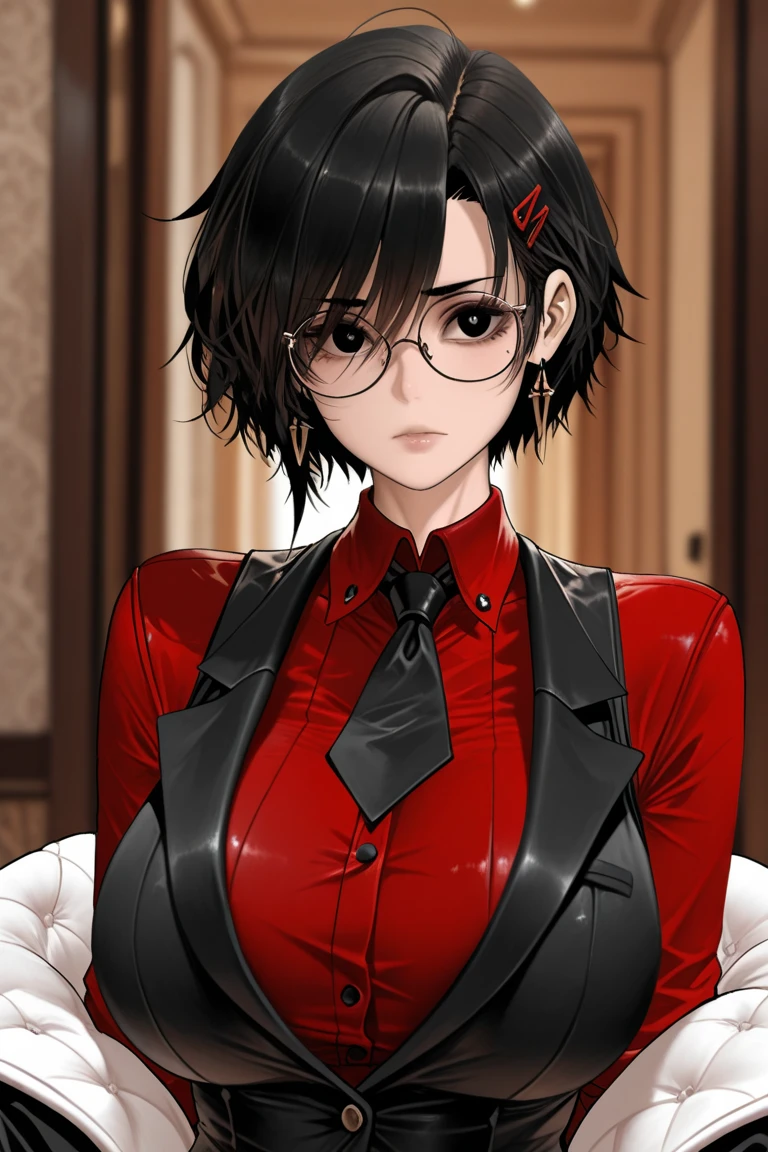 1girl, sarada uchiha in anime naruto, short hair, sexy dress, black hair, red eyes, smile, beautiful, black clothes, wearing glasses red, very big breast, sexy clothes, realistic clothes, detail clothes, indoor background, ultra detail, realistic