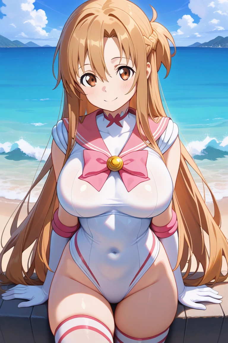 , asahinamomoko, Light brown hair, Hair Ribbon, White ribbon, One side up, Hair between the eyes, Very long hair, Pink Eyes. (wearing nothing:2),cooking, empty eyes, ICE CREAM, large breasts, 1girl,, pool, sea, , blue sky, nipple Alone