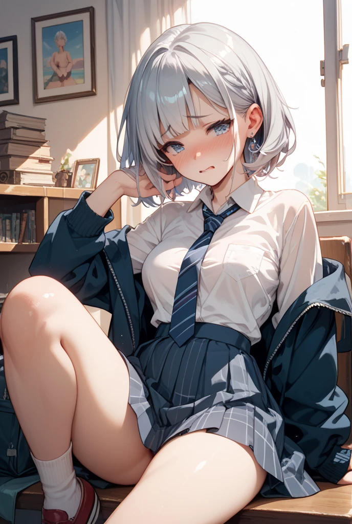 absurdres, RAW photo, extremely delicate and beautiful, masterpiece, Best Quality, ultra high resolution, 32k, hyperrealistic, ultra-detailed, perfect anatomy, anatomically correct, perfect figure, super Detailed skin, 20 years old, very Slim body, narrow waist, very small head, very small face, delicate facial features, detailed face, detailed eyes, tearful mole, earring, thin legs, bare legs, ((very huge round breasts)), short medium hair, ((wavy hair)), wet clothes, ((school uniform)),