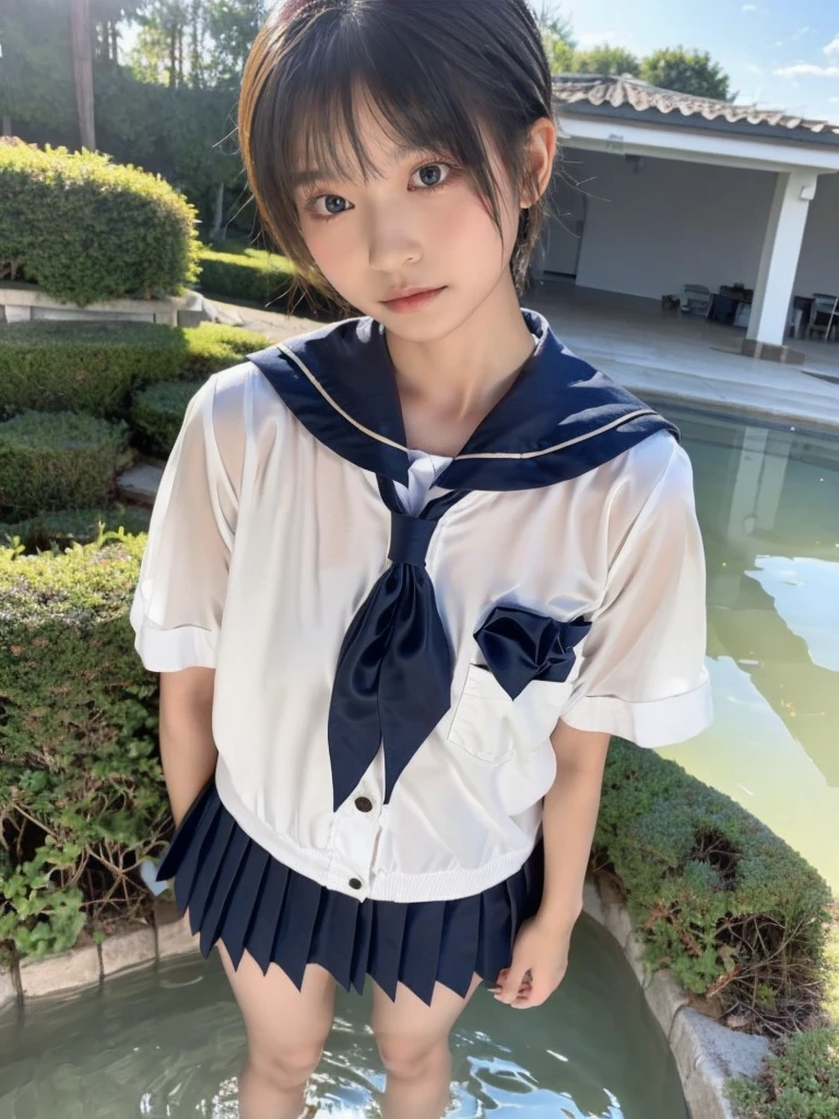 japanese、junior High School girl,1 person, 15 years old、Sailor Mercury, A cosplay that is heavy wet and heavy transparent,Wet sky blue short hair, Wet arms,Wet legs,Wet Face,pose,Highest quality, wet poolside,