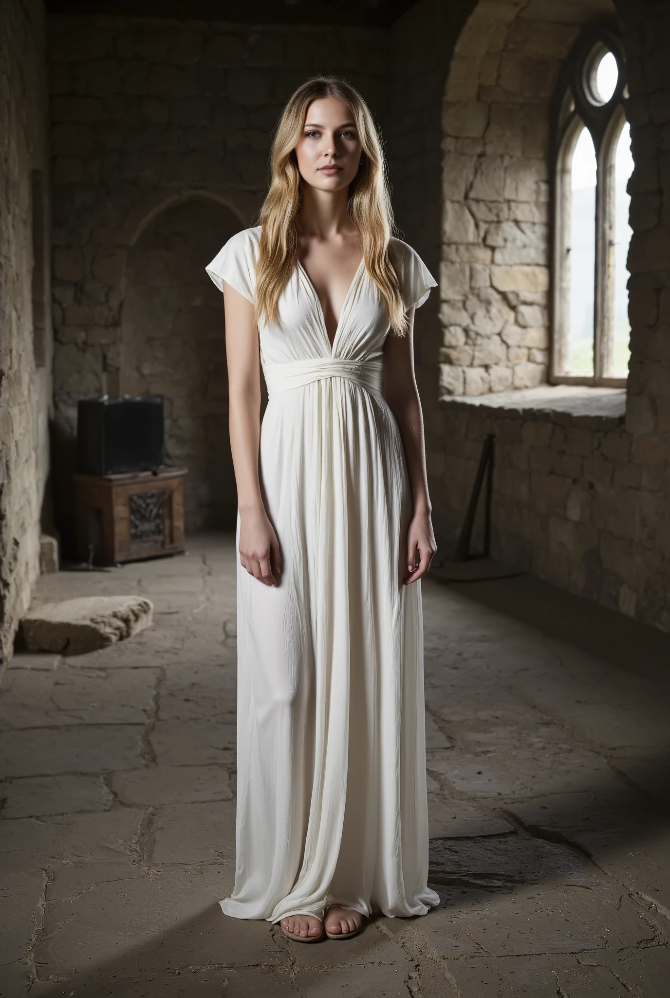 Create a realistic photograph of a beautiful 20-year-old girl with fair skin and long, straight blonde hair. She is wearing a flowing white silk dress and posing in a full-body shot inside an ancient Scottish castle. Soft light filters in, enhancing the mysterious atmosphere.