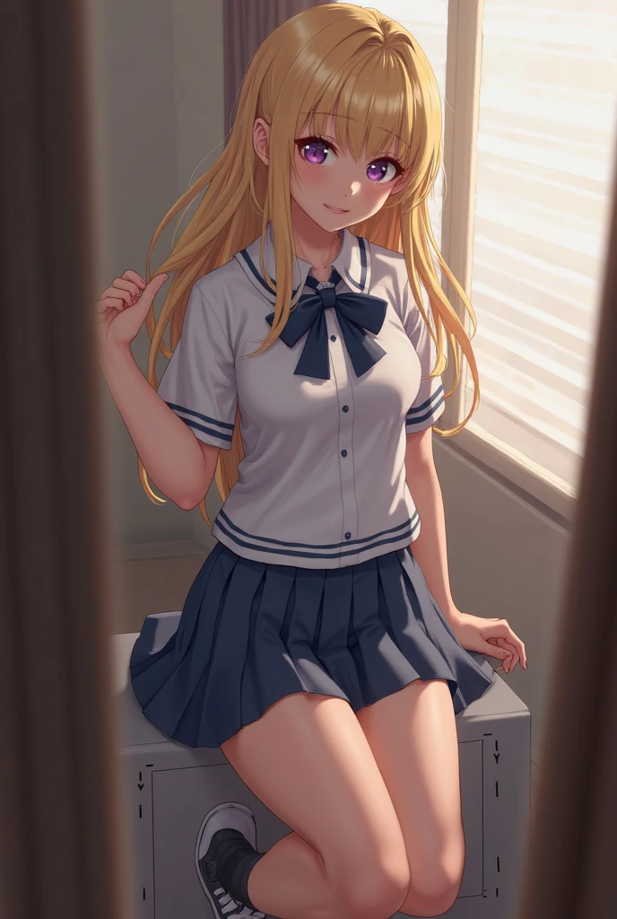 Product quality, ((1girl in)), Full body shot, ((Kamimei:1.2)), a Japanese young pretty woman, hyper pretty face, (wavy blonde hair), Blushing cheeks, Glossy lips, Glamorous figure, ((Blue checked pleated skirt, neck tie)), (private school uniform), ((White Socks)), Seductive Posing, Double eyelids in both eyes, Natural makeup, long eyelashes, shiny smooth light brown hair, asymmetrical bangs, Tanned skin, Beautiful hair, Beautiful collarbone, Beautiful body, Beautiful chest, beautiful thigh, Beautiful legs, Beautiful fingers, central image, High resolution, high detailing, detailed hairstyle, Detailed face, spectacular movie lighting, Bokeh background, animesque, Perfect limbs, Perfect Anatomy, tre anatomically correct,