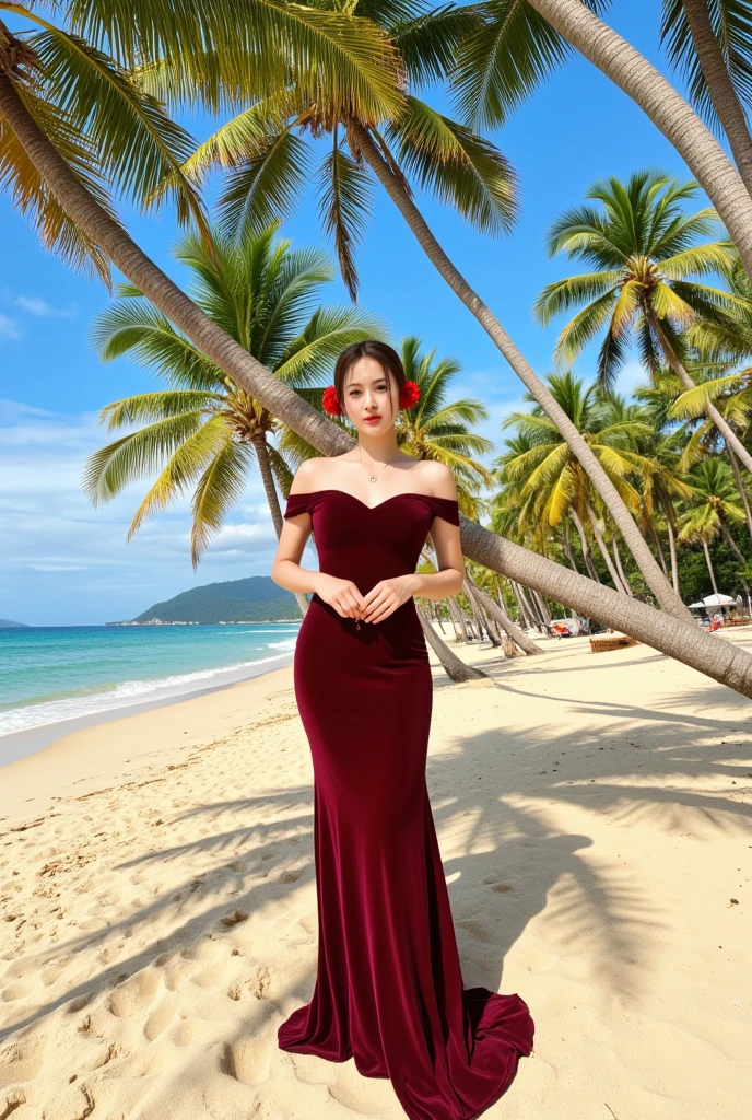 a beautiful woman in a long red dress, standing on a beach at sunset, with the ocean and sky in the background, (best quality,4k,8k,highres,masterpiece:1.2),ultra-detailed,(realistic,photorealistic,photo-realistic:1.37),extremely detailed face and eyes, beautiful detailed lips, longeyelashes, golden hour lighting, warm color tones, detailed sand and waves, dramatic sky with clouds, cinematic composition