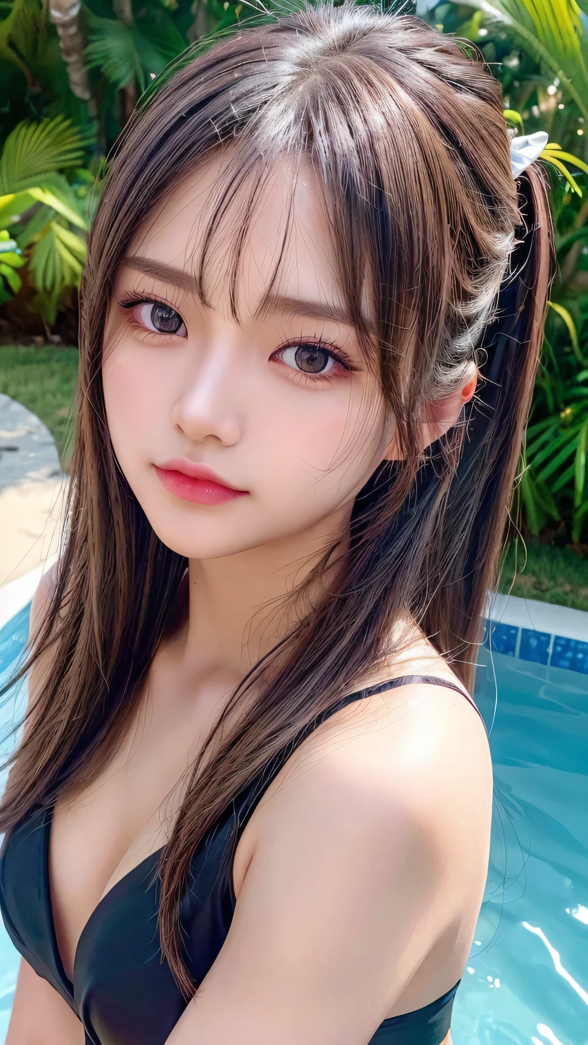 Outdoor,midnight,Very large pool,It's dark outside,Lit up with neon lights,bikini,Blushing,Facing forward,Small breasts,14 years old,Long hair ponytail,((8K, Raw photo, Best Quality, Mastepiece:1.2), (Realism, Photorealistic:1.4), (Highly detailed 8k wallpaper), Depth of written boundary, Cinematic Lighting, Soft Light, Detailed Beauty Eye,Shiny and smooth light brown ponytail, Asymmetrical bangs, Shiny skin, Ultra-detailed skins ,It is high resolution., High detail, Detailed hairstyle, Detailed facial beauty, Hyper-realistic, Perfect limbs, Perfect Anatomy ,1 Japanese girl,Famous Japanese Idols, Perfect female body,A shy smile,Short eyelashes,Double-edged eyelids,Look straight here,Hair style: ponytail,