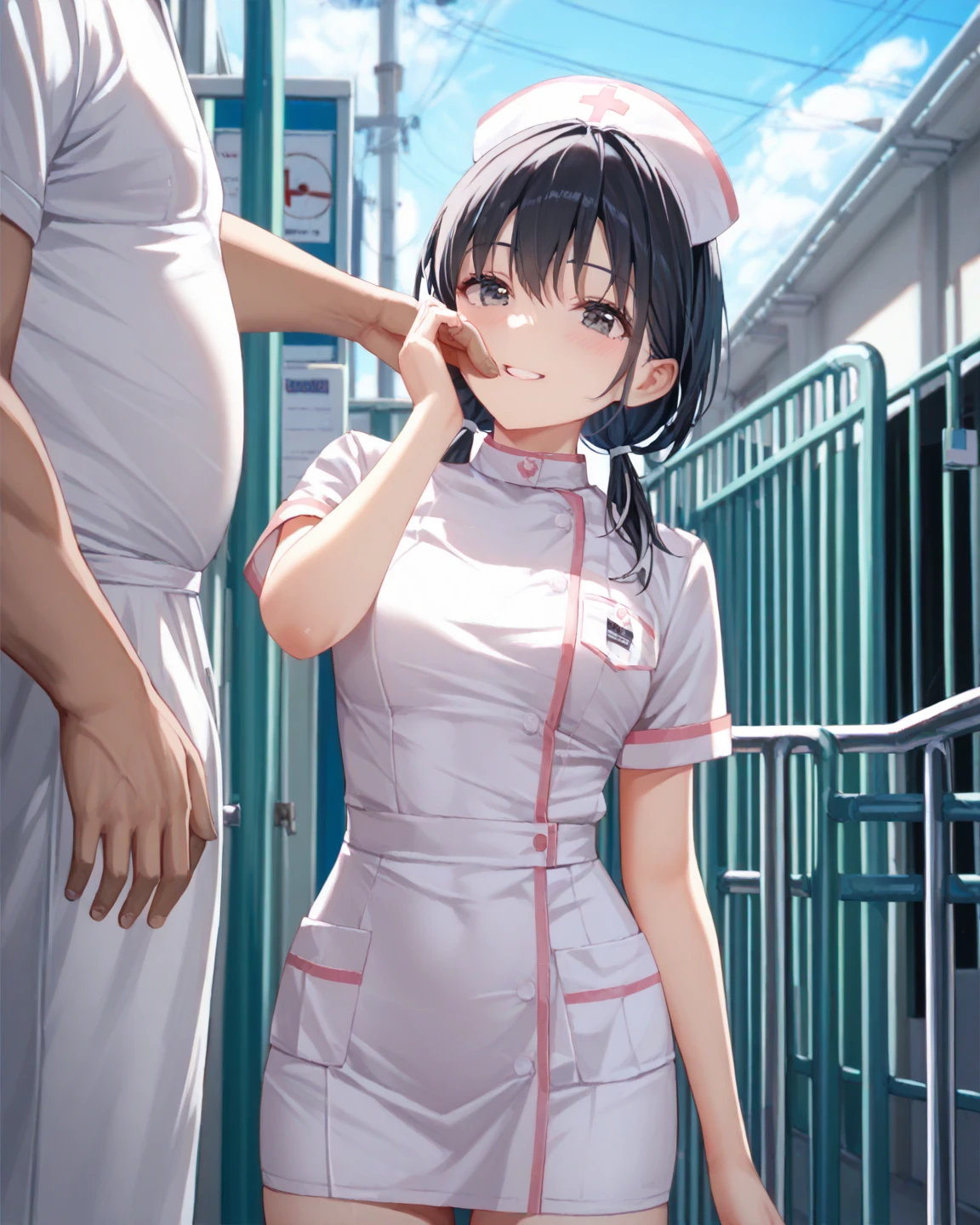 1 girl, anatomically correct, short hair, brown hair, brown eyes, large glasses, circular glasses, crying, clenching her teeth, in pain, crying, small , nurse outfit, torn nurse outfit, girl beaten up, bruises, bruises on her ass, bruised face, bruises on her face, on all fours, having doggystyle sex with a man, a man behind her, having doggystyle sex with her, grabbing her by the ass, rough doggystyle sex, porn, dark alley background, night time, dark alley