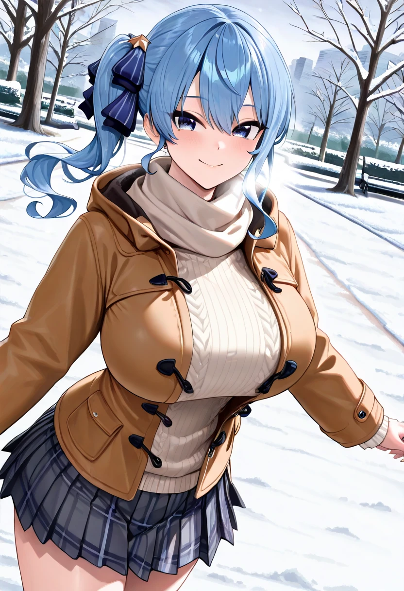 highest quality, masterpiece, High resolution, alone, {Shima_Also_yuru camp:1.15},( green_hair), purple_eye, closed_mouth, single_hair_good, hair_good, 1 girl, 前hair, blurry, blurry_background, (Motosu High School Girls Uniform Winter Clothes:1.3、Grey plaid skirt)、(Opening her chest and showing her bra:1.3)