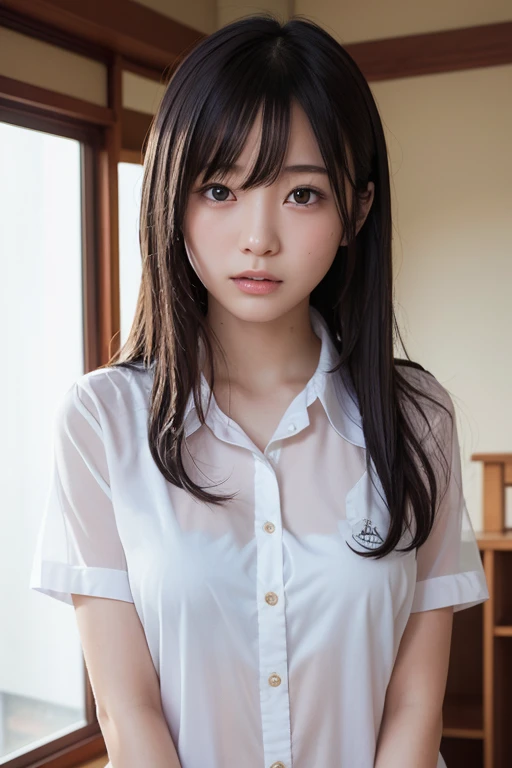 8K、Detailed Description、Very high definition、Realistic、reality的、Real、live-action、reality、High resolution、Nogizaka46、japanese idol,beautiful girl、21 years old、Angle of view that allows you to see the whole body、Mouth closed、ponytail、Railway stations、school uniform、Checkered Skirt、半袖の高校の、Very black hair、pretty girl、Beauty、Glowing Skin、Glowing Skin、Shiny Hair、Very white skin、Headband、Heavy makeup、Large Breasts、Slit eyes、Big Eyes、Double eyelids、Don't show your teeth、Looking up、Bend over and peer at me、smile、