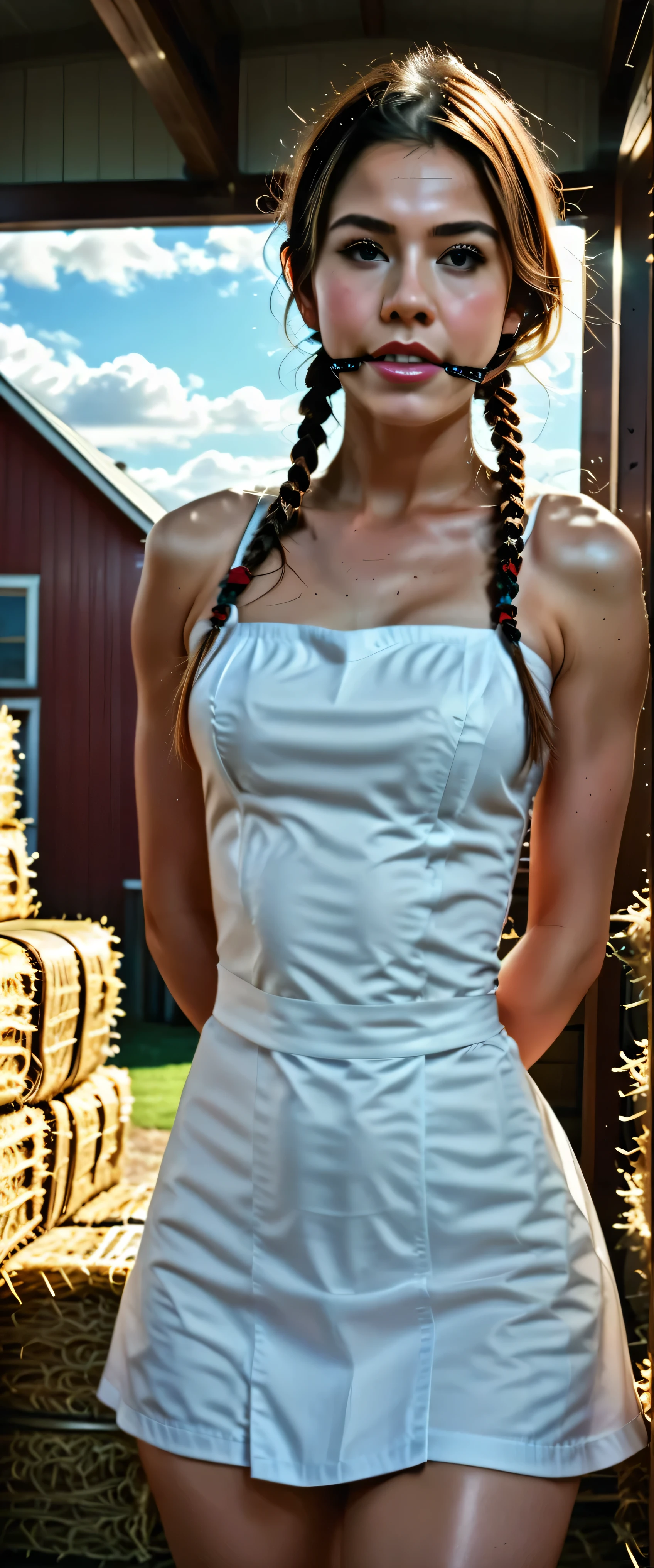 girl in sexy_cowgirl_cosplay_outfit,rating_explicit,barn,detailed,photorealistic,HDR,16K,beautiful,serene,warm lighting,golden hour,countryside landscape,wooden beams,hay bales,dust motes,natural textures,cinematic composition,dramatic clouds,rolling hills,professional portrait photography