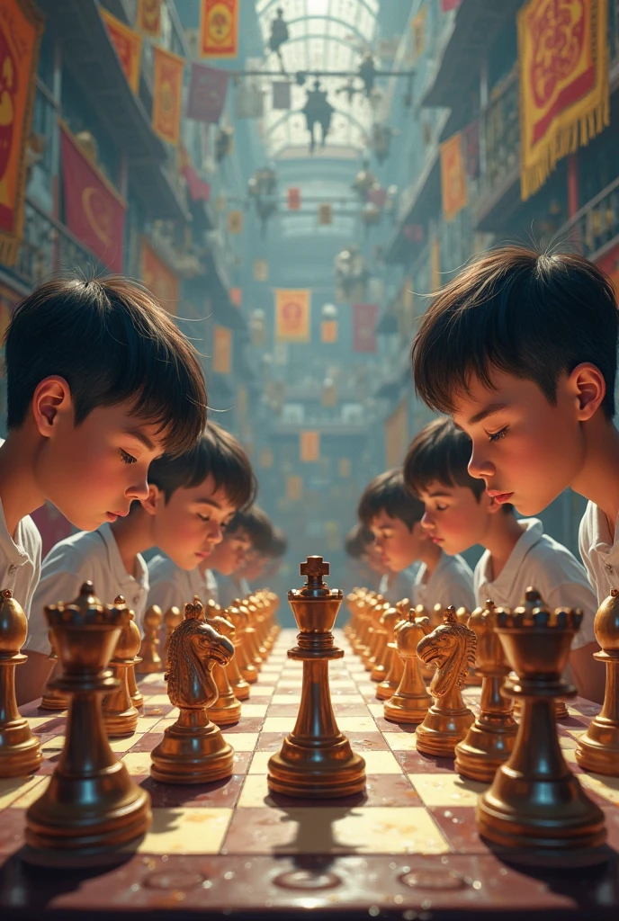 create an image of children playing chess in a tournament.